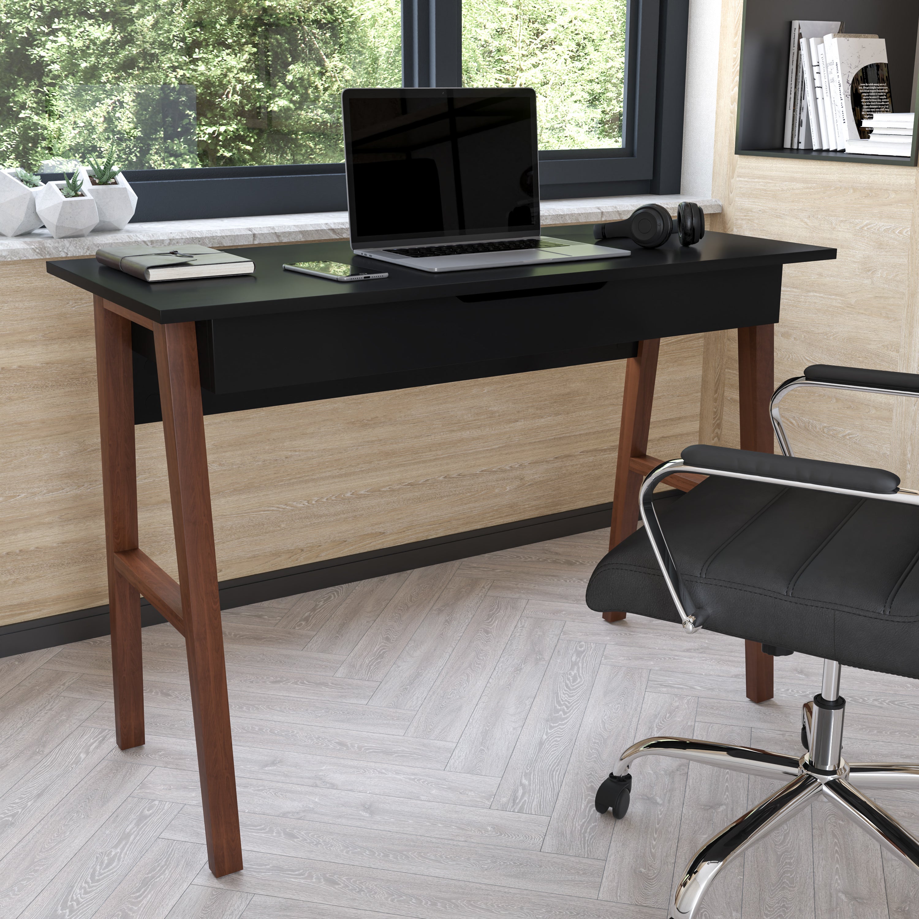 Darla Home Office Writing Computer Desk with Drawer - Table Desk for Writing and Work, Black/Walnut