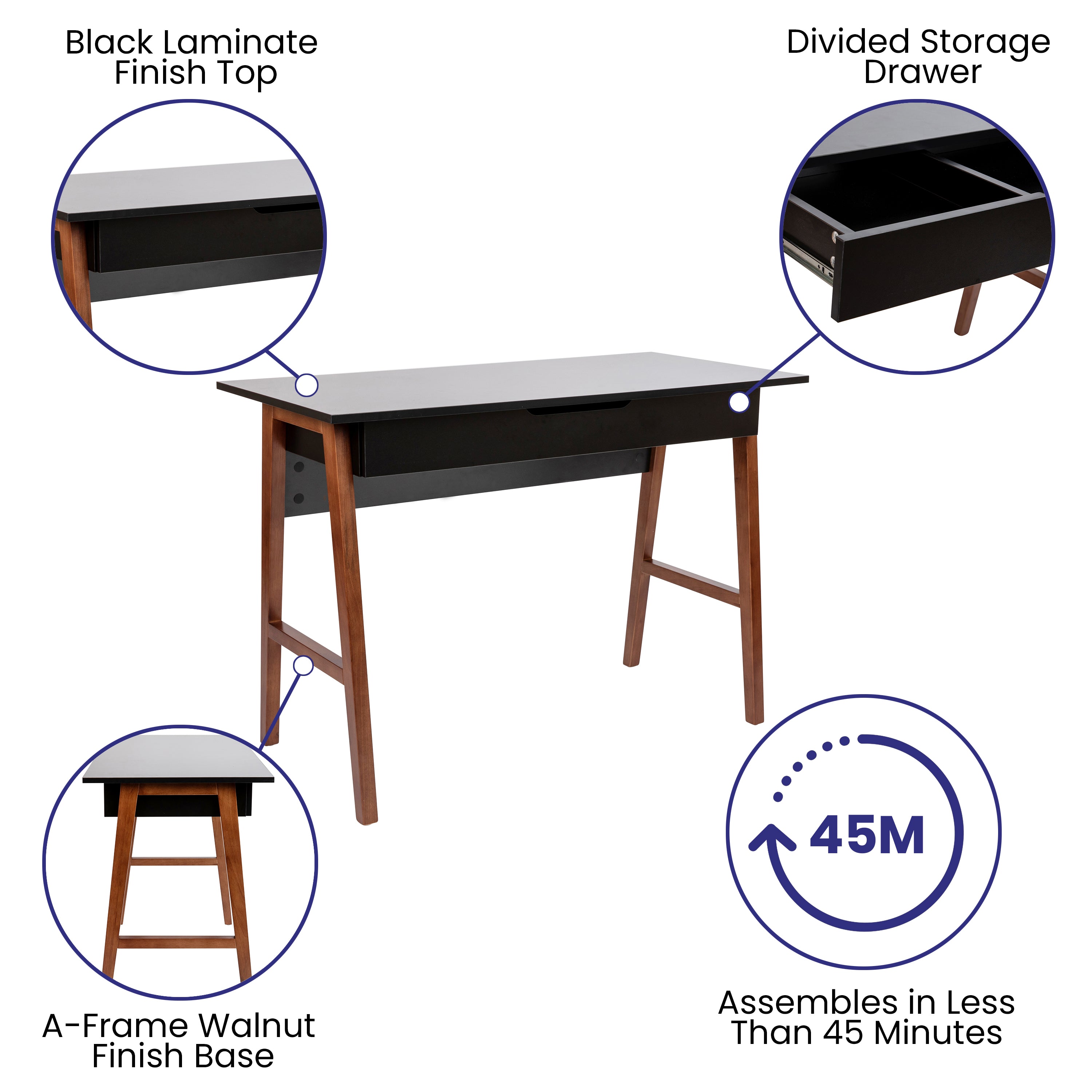 Darla Home Office Writing Computer Desk with Drawer - Table Desk for Writing and Work, Black/Walnut