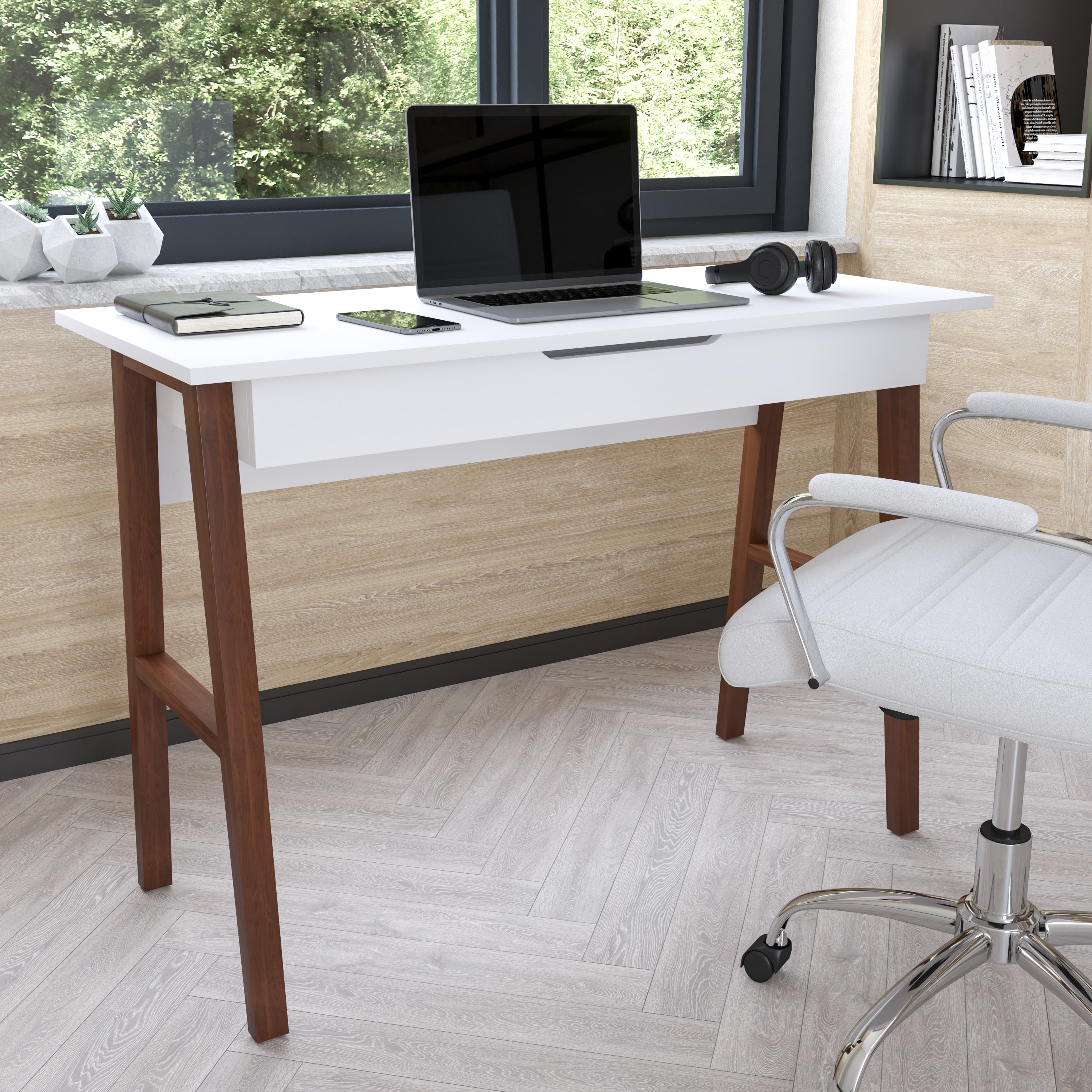 Darla Home Office Writing Computer Desk with Drawer - Table Desk for Writing and Work, White/Walnut