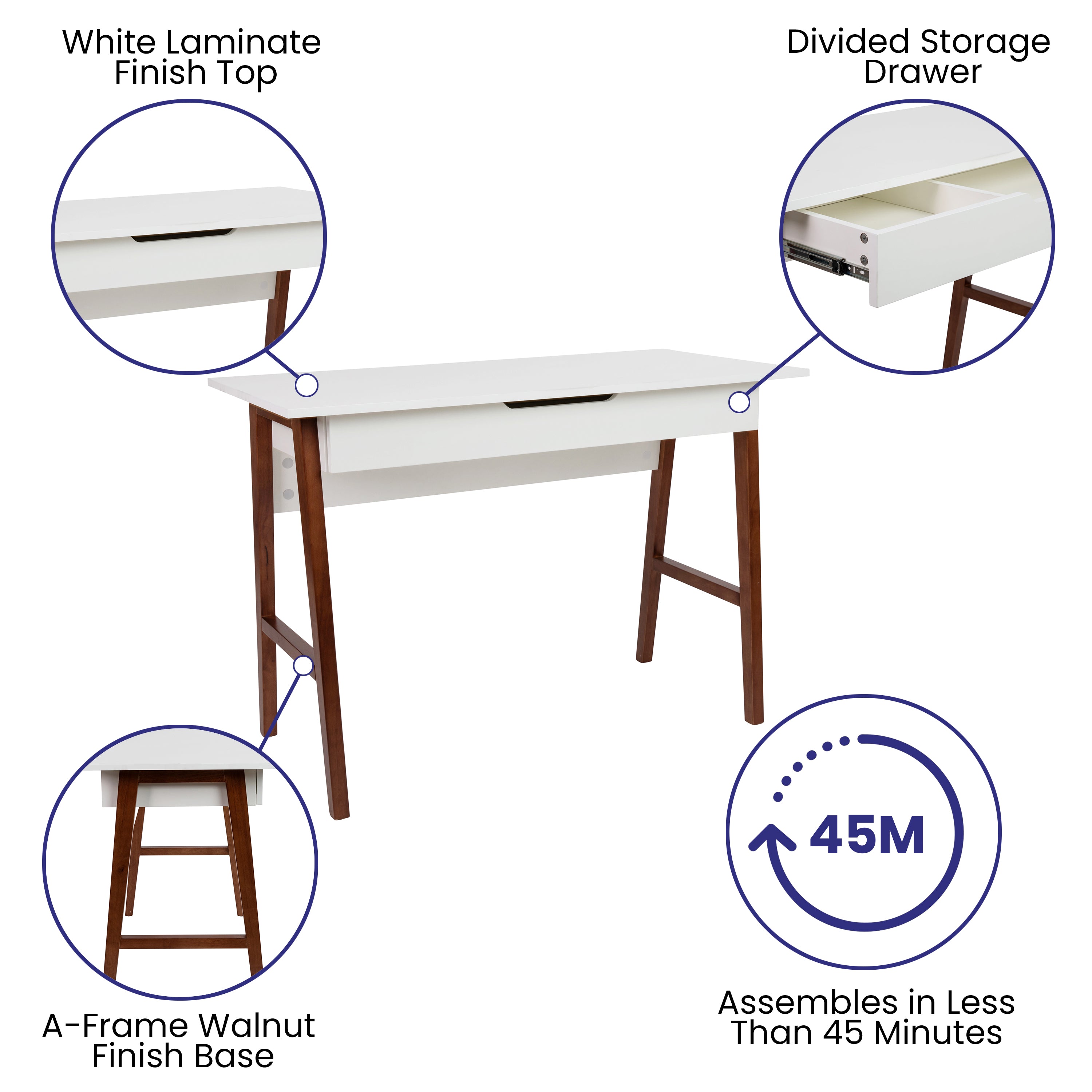 Darla Home Office Writing Computer Desk with Drawer - Table Desk for Writing and Work, White/Walnut