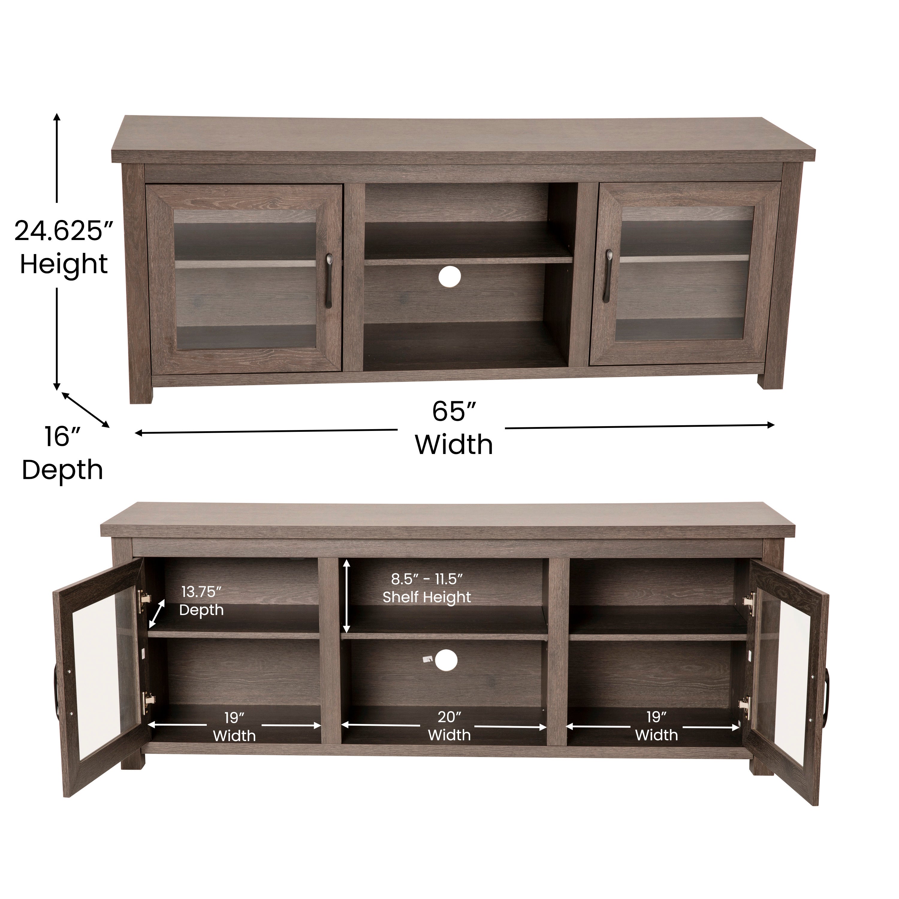 Sheffield Classic TV Stand up to 80" TVs - Modern Black Wash Finish with Full Glass Doors - 65" Engineered Wood Frame - 3 Shelves