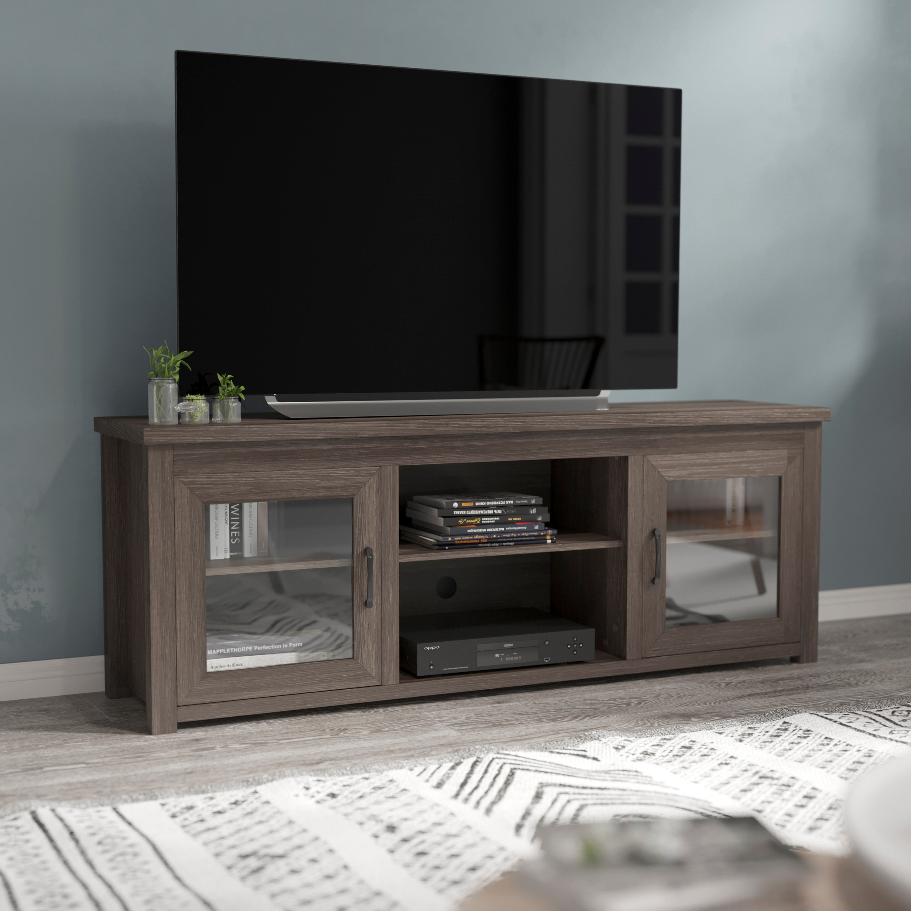 Sheffield Classic TV Stand up to 80" TVs - Modern Black Wash Finish with Full Glass Doors - 65" Engineered Wood Frame - 3 Shelves