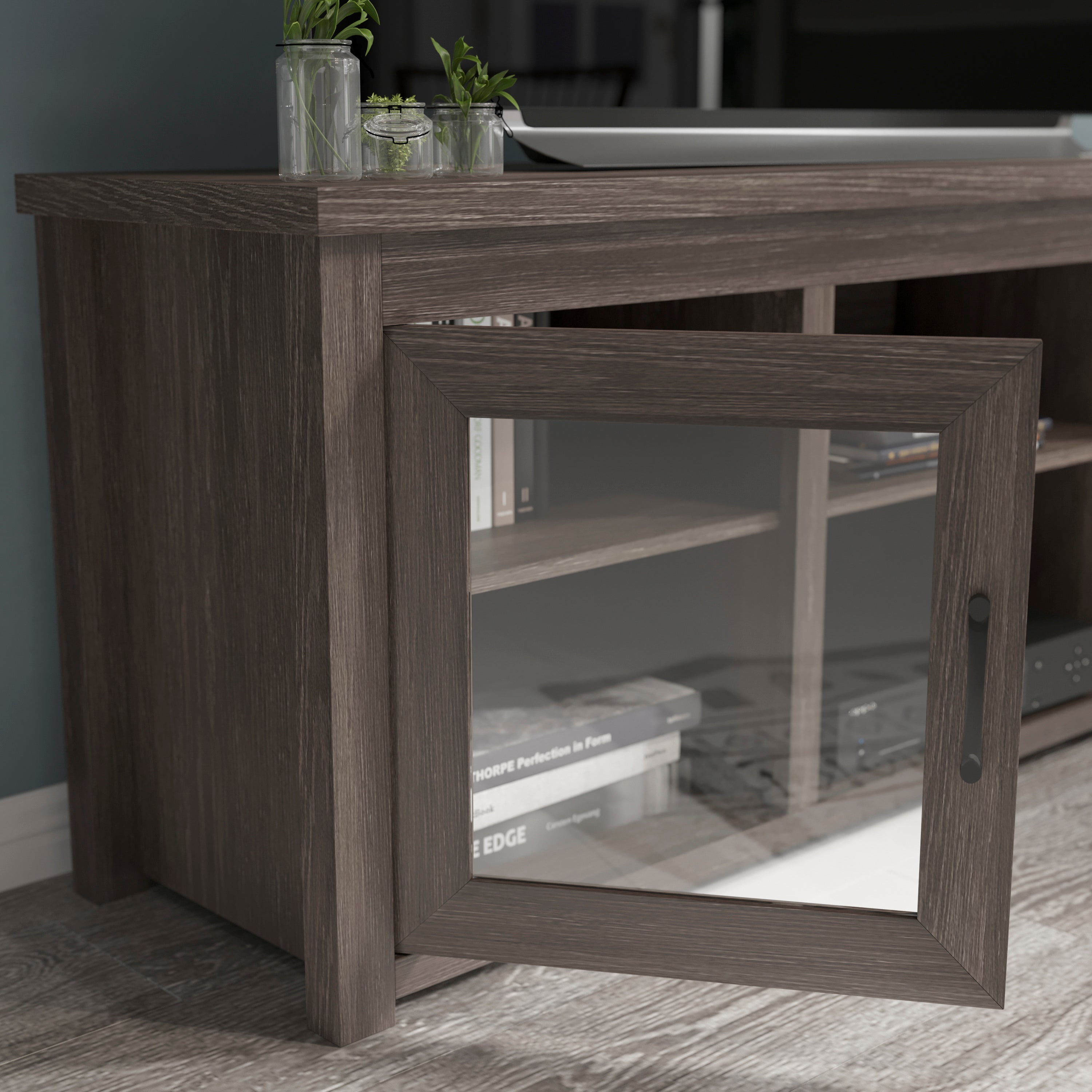 Sheffield Classic TV Stand up to 80" TVs - Modern Black Wash Finish with Full Glass Doors - 65" Engineered Wood Frame - 3 Shelves