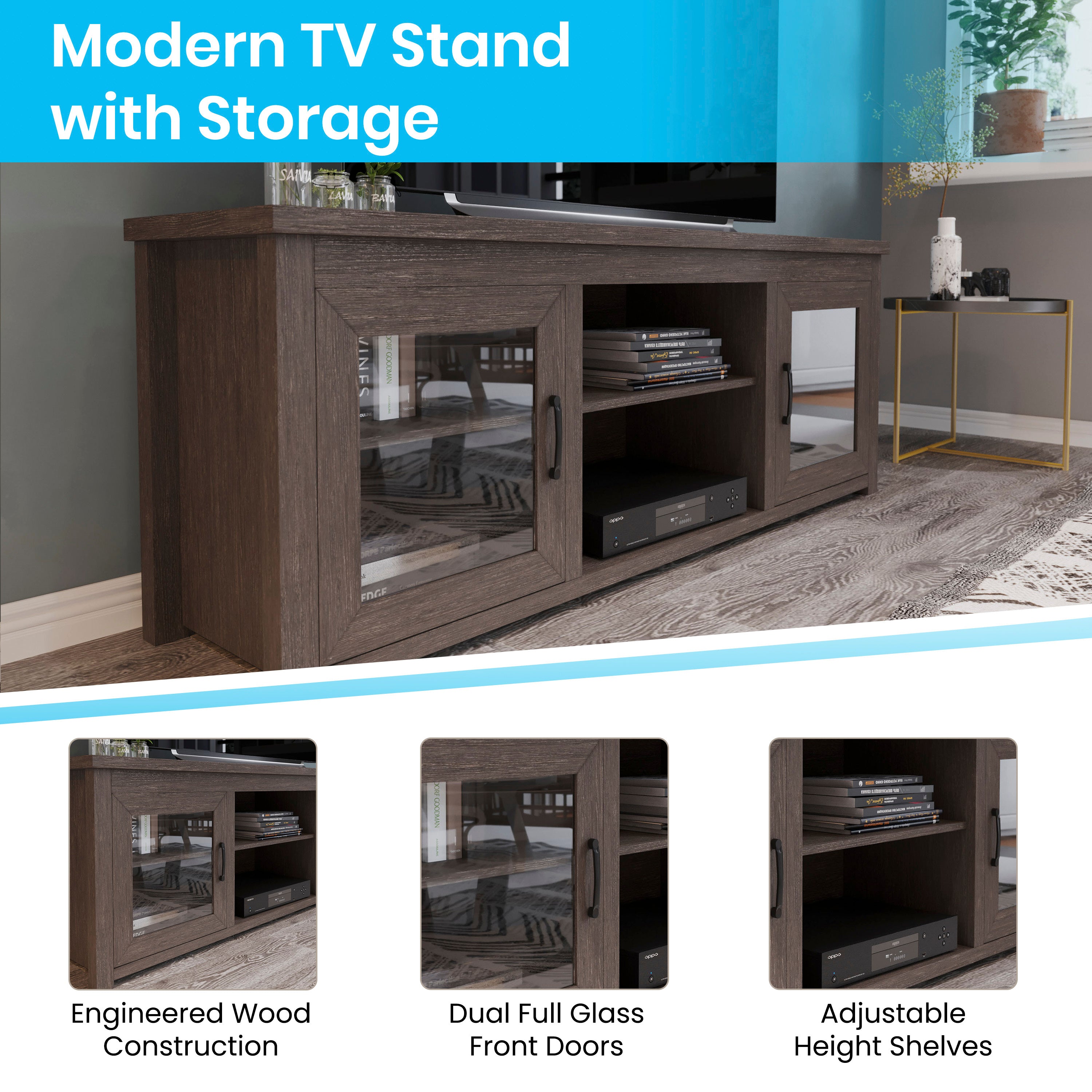 Sheffield Classic TV Stand up to 80" TVs - Modern Black Wash Finish with Full Glass Doors - 65" Engineered Wood Frame - 3 Shelves
