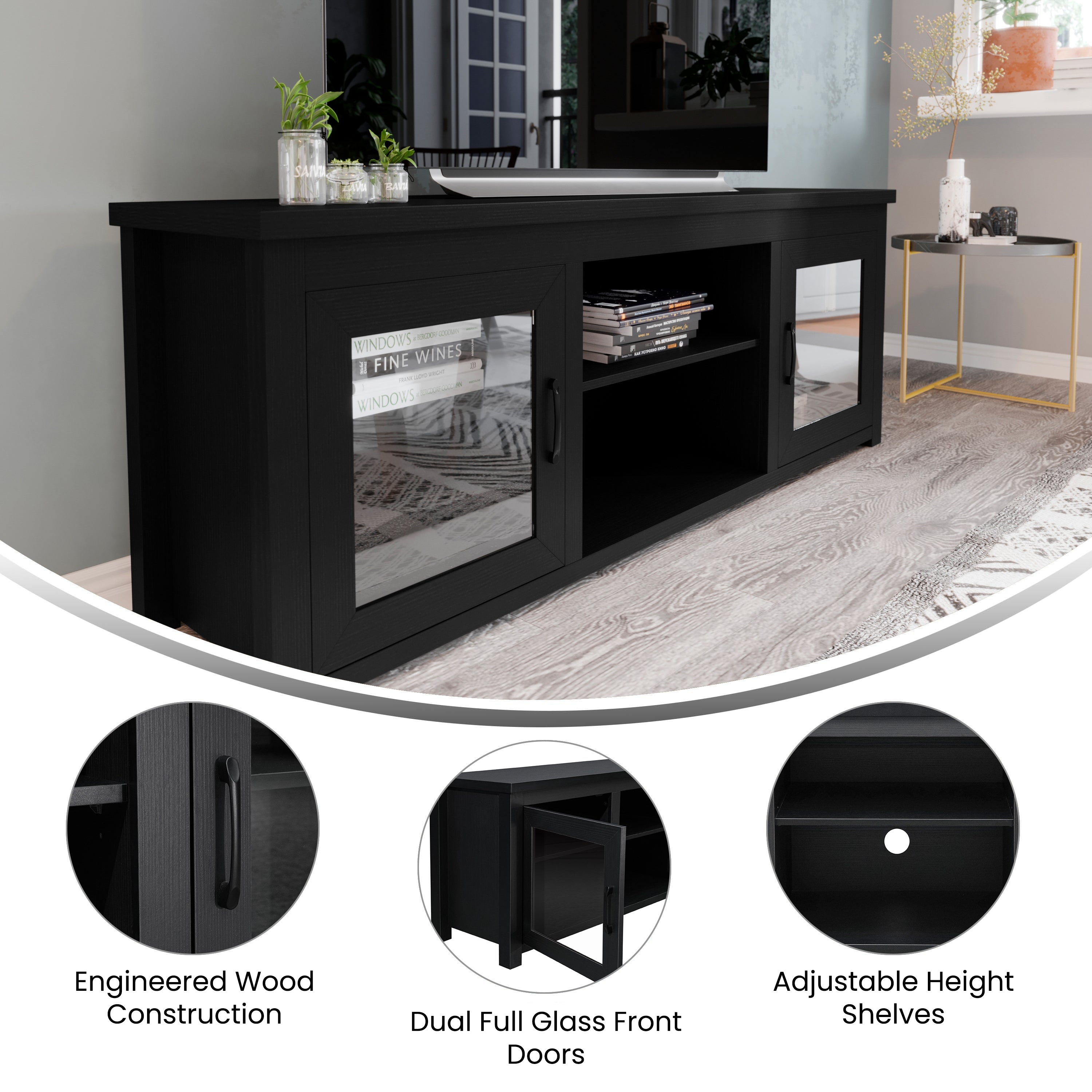 Sheffield Classic TV Stand for up to 80" TVs - Modern Black Finish with Full Glass Doors - 65" Engineered Wood Frame - 3 Shelves