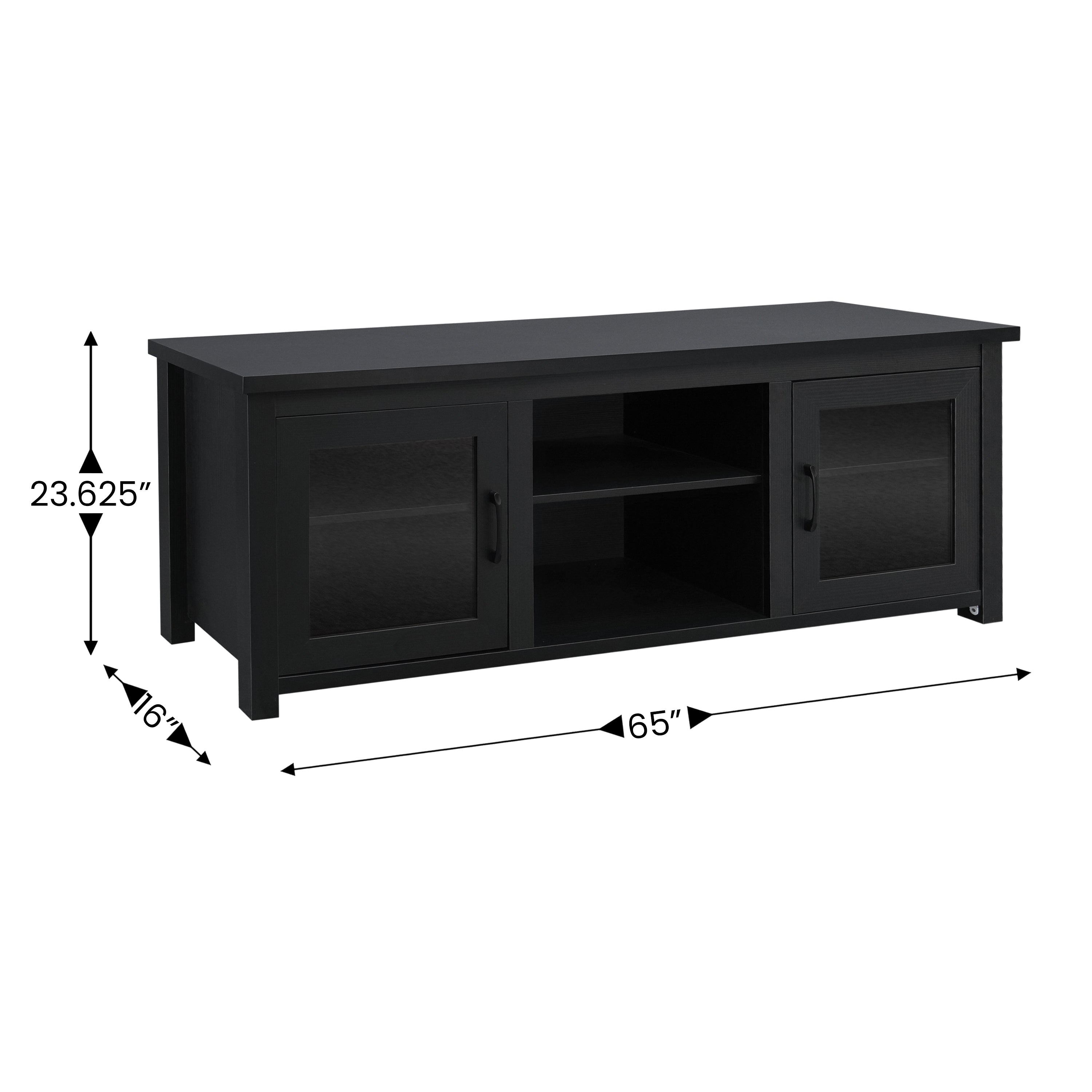 Sheffield Classic TV Stand for up to 80" TVs - Modern Black Finish with Full Glass Doors - 65" Engineered Wood Frame - 3 Shelves
