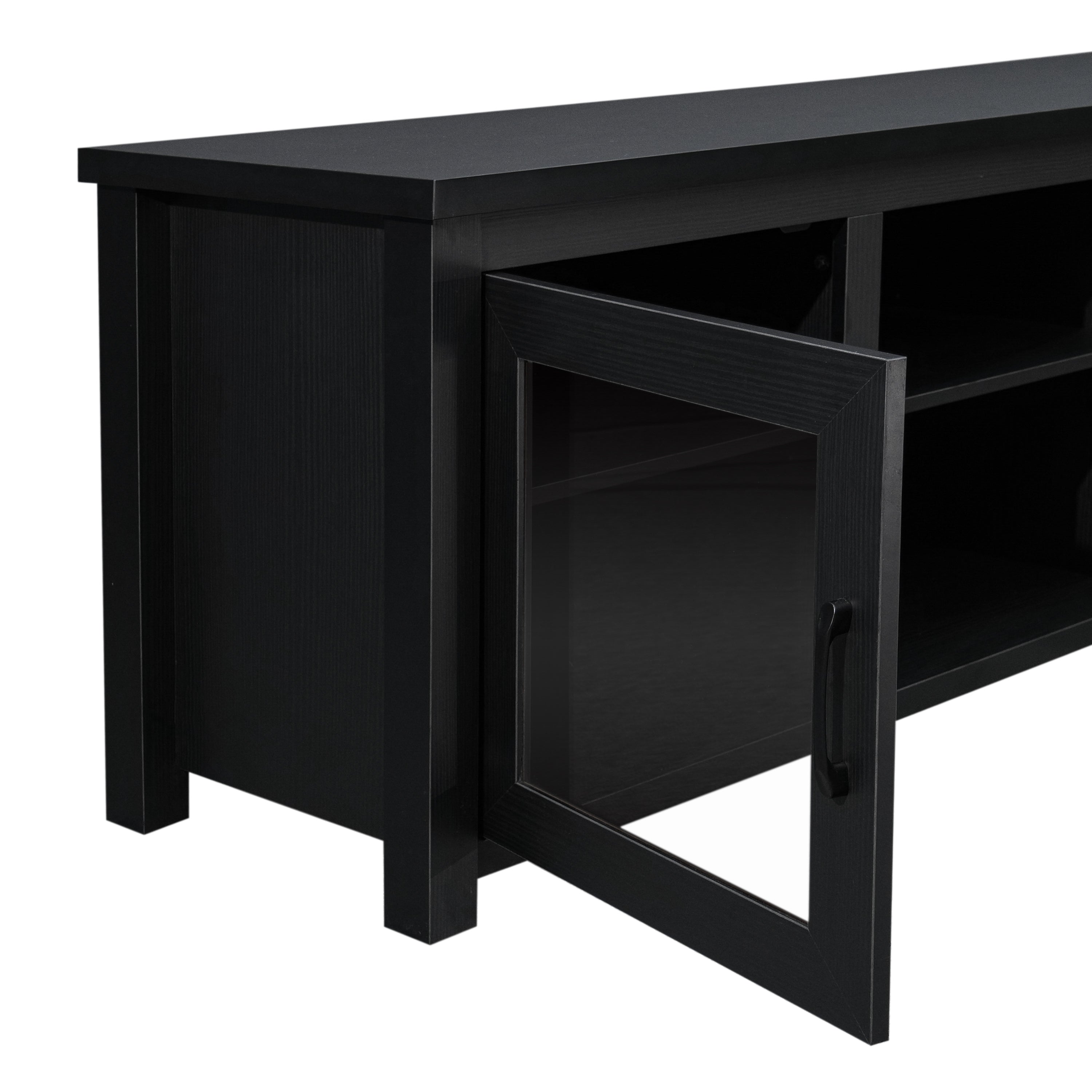 Sheffield Classic TV Stand for up to 80" TVs - Modern Black Finish with Full Glass Doors - 65" Engineered Wood Frame - 3 Shelves