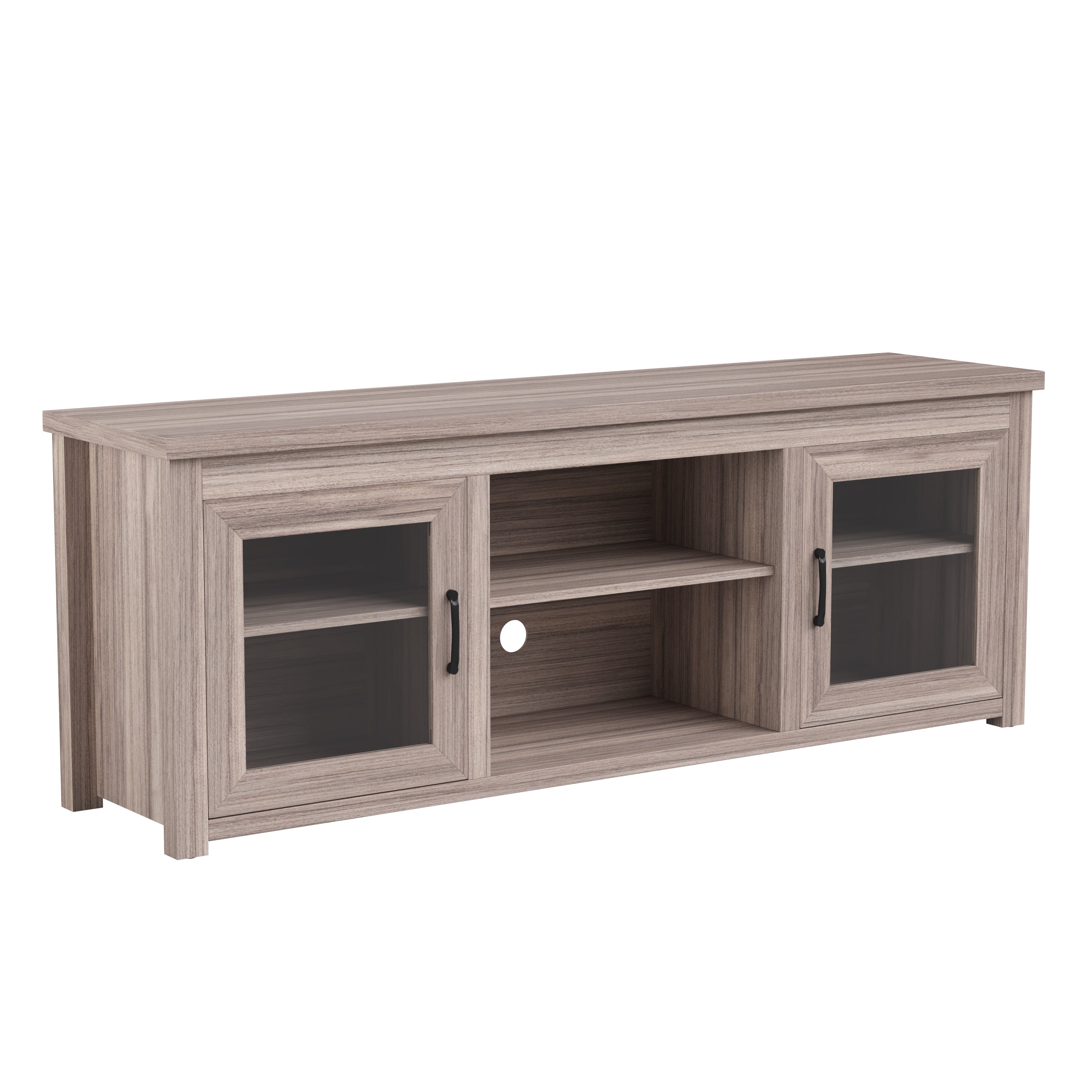 Sheffield Classic TV Stand up to 80" TVs - Gray Wash Oak Finish with Full Glass Doors - 65" Engineered Wood Frame - 3 Shelves