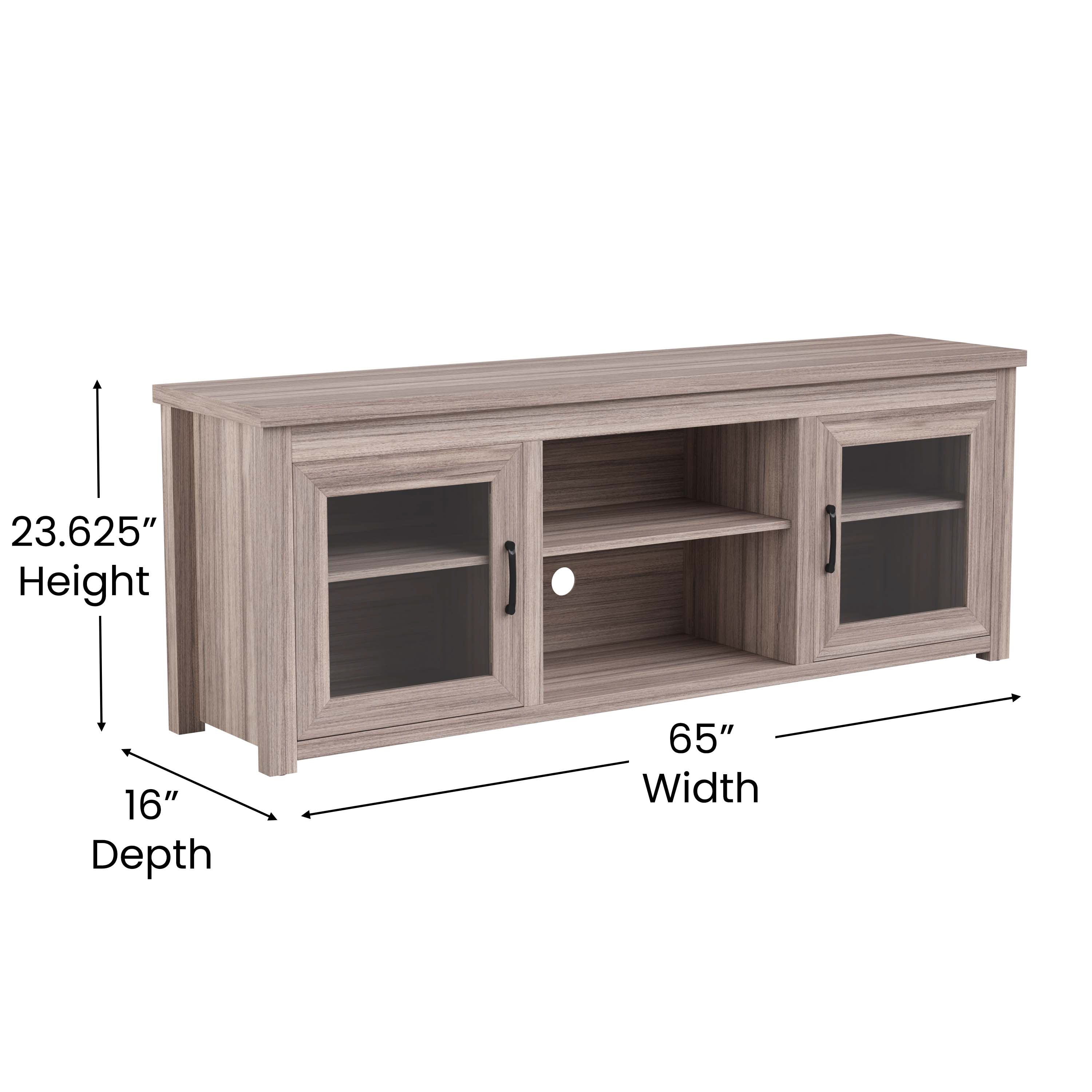 Sheffield Classic TV Stand up to 80" TVs - Gray Wash Oak Finish with Full Glass Doors - 65" Engineered Wood Frame - 3 Shelves