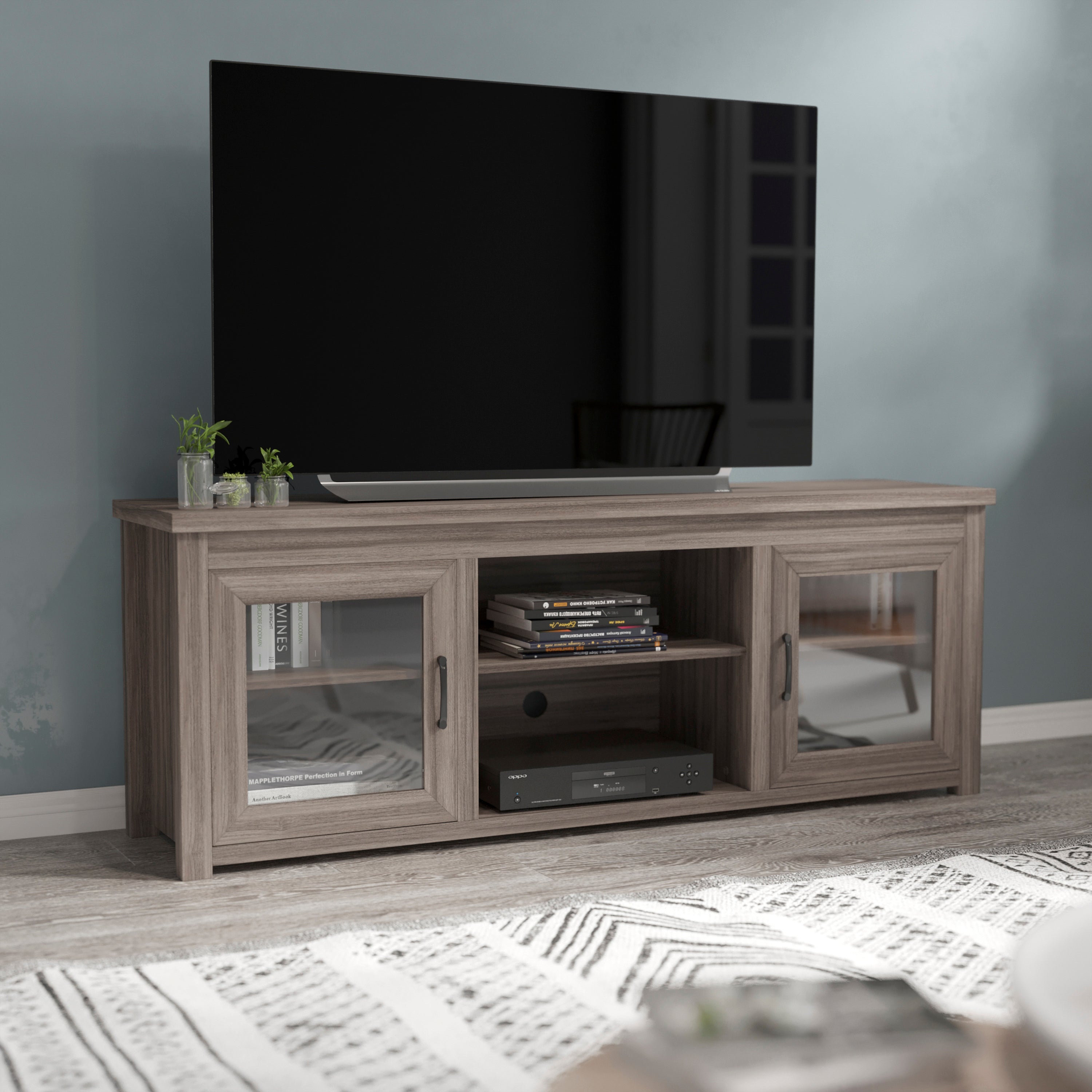 Sheffield Classic TV Stand up to 80" TVs - Gray Wash Oak Finish with Full Glass Doors - 65" Engineered Wood Frame - 3 Shelves