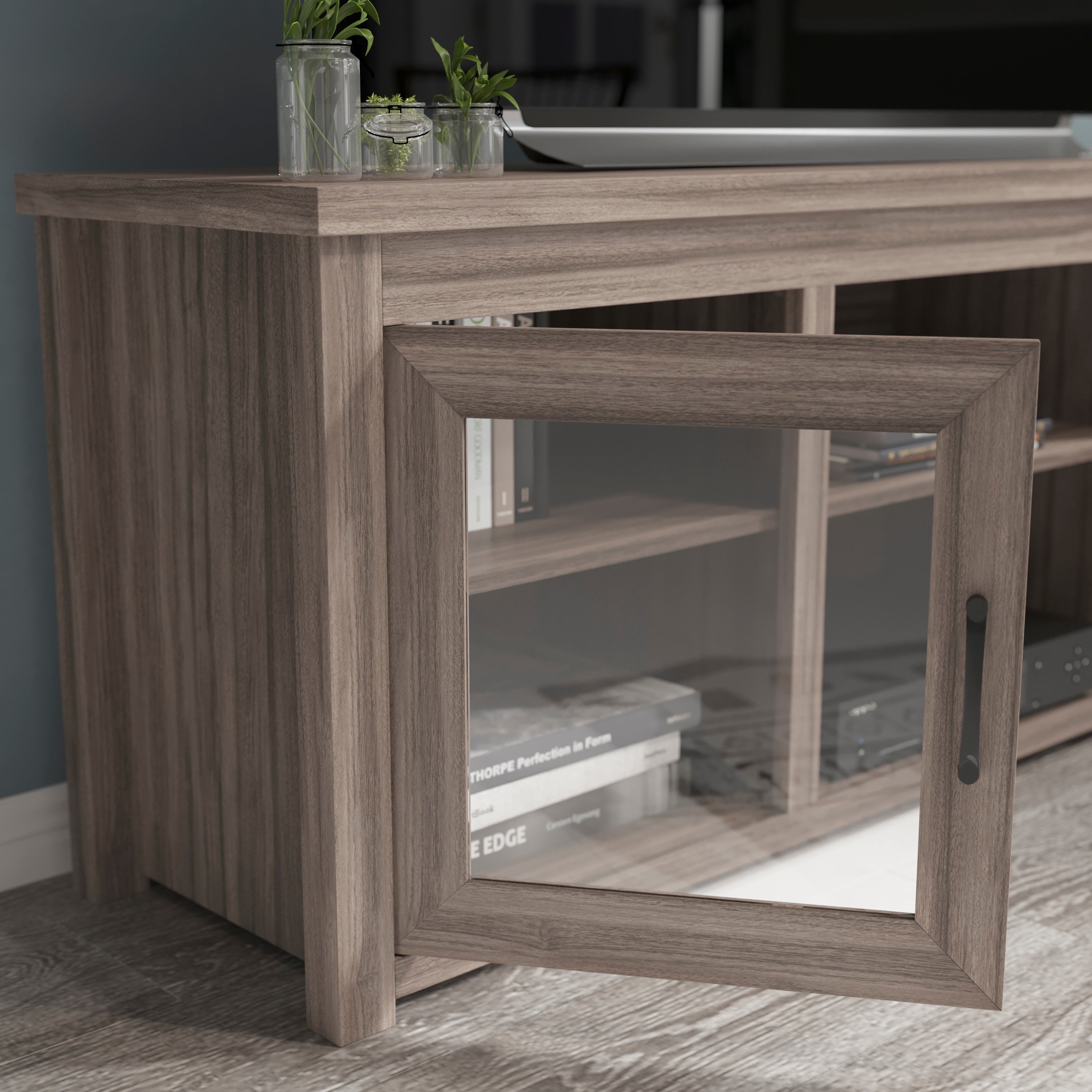 Sheffield Classic TV Stand up to 80" TVs - Gray Wash Oak Finish with Full Glass Doors - 65" Engineered Wood Frame - 3 Shelves