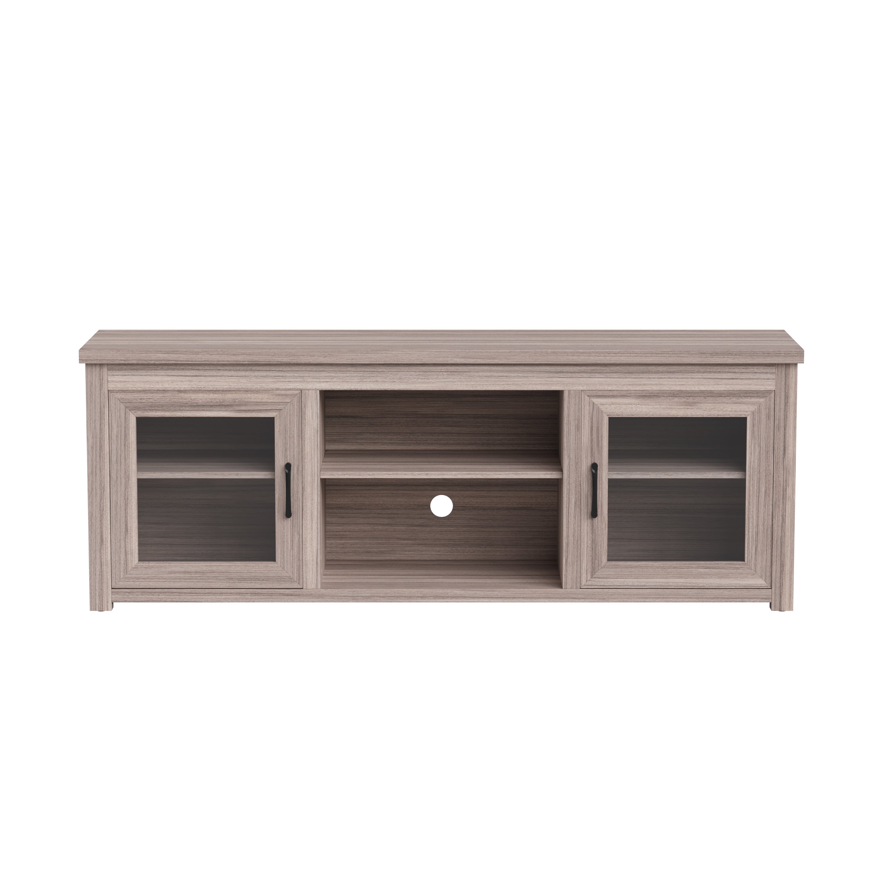 Sheffield Classic TV Stand up to 80" TVs - Gray Wash Oak Finish with Full Glass Doors - 65" Engineered Wood Frame - 3 Shelves