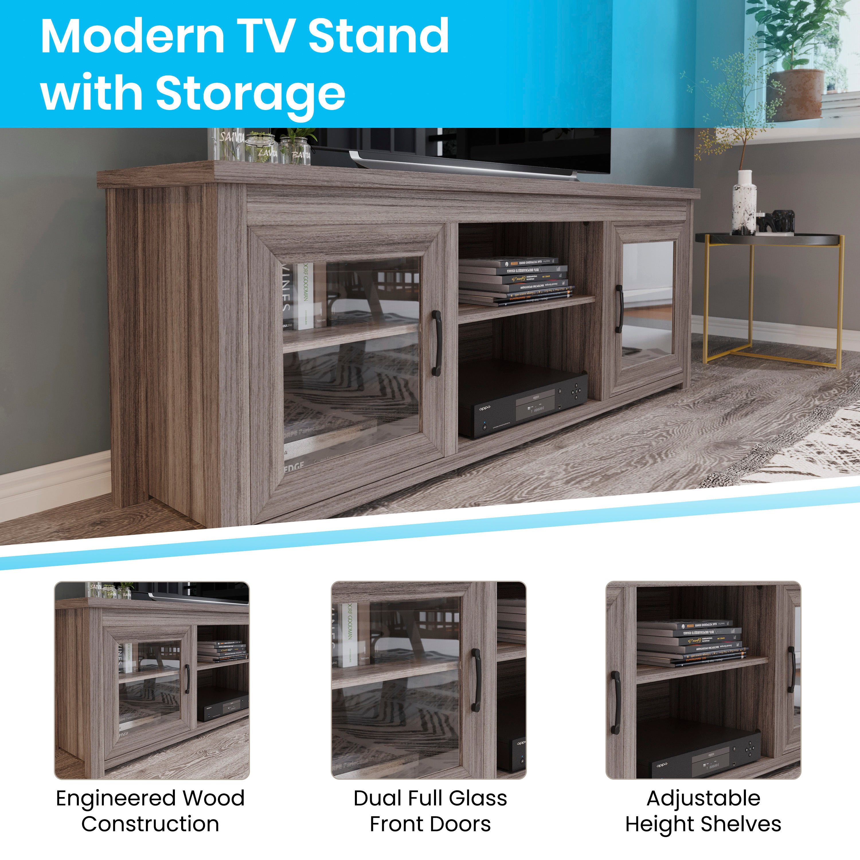 Sheffield Classic TV Stand up to 80" TVs - Gray Wash Oak Finish with Full Glass Doors - 65" Engineered Wood Frame - 3 Shelves