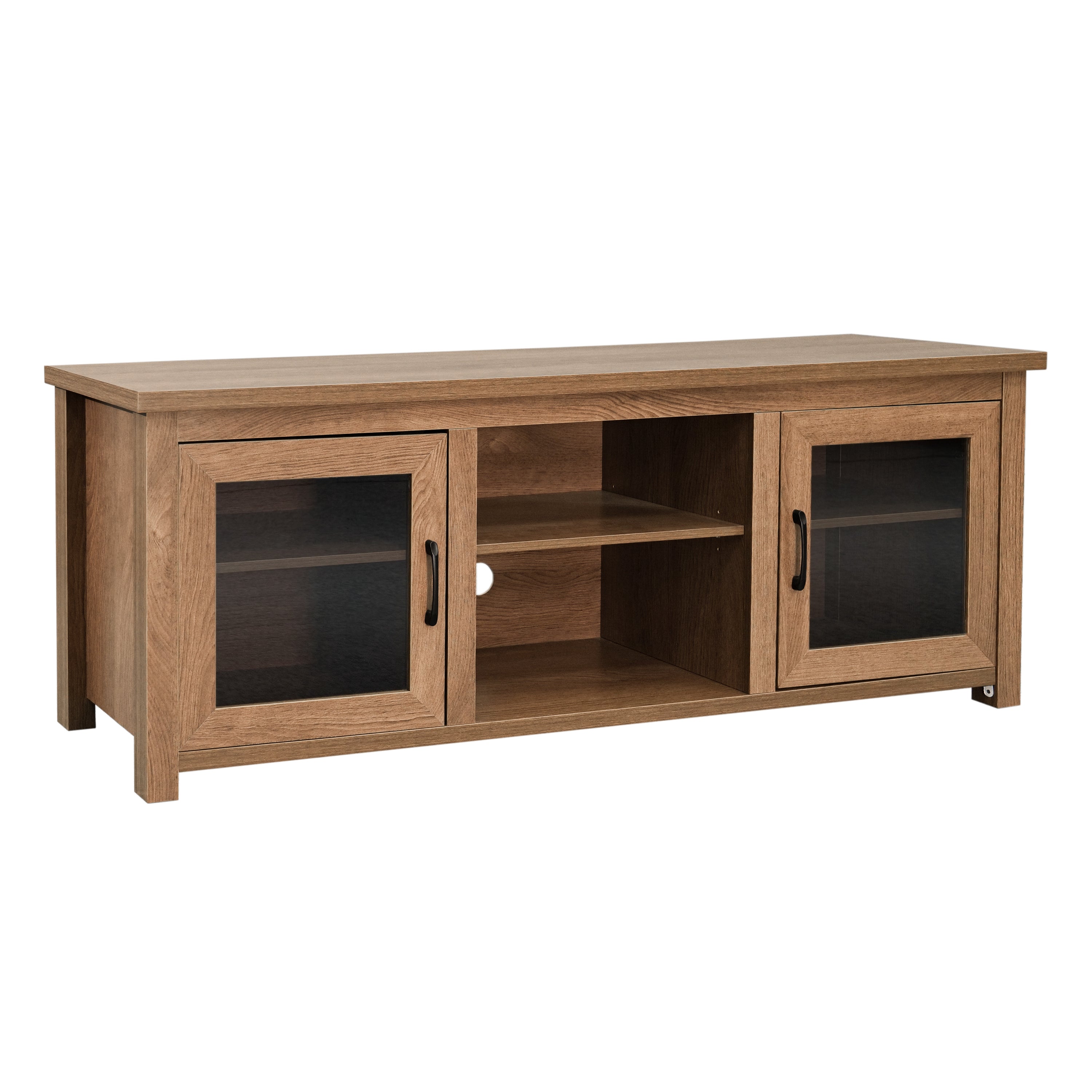 Sheffield Classic TV Stand for up to 80" TVs - Modern Walnut Finish with Full Glass Doors - 65" Engineered Wood Frame - 3 Shelves