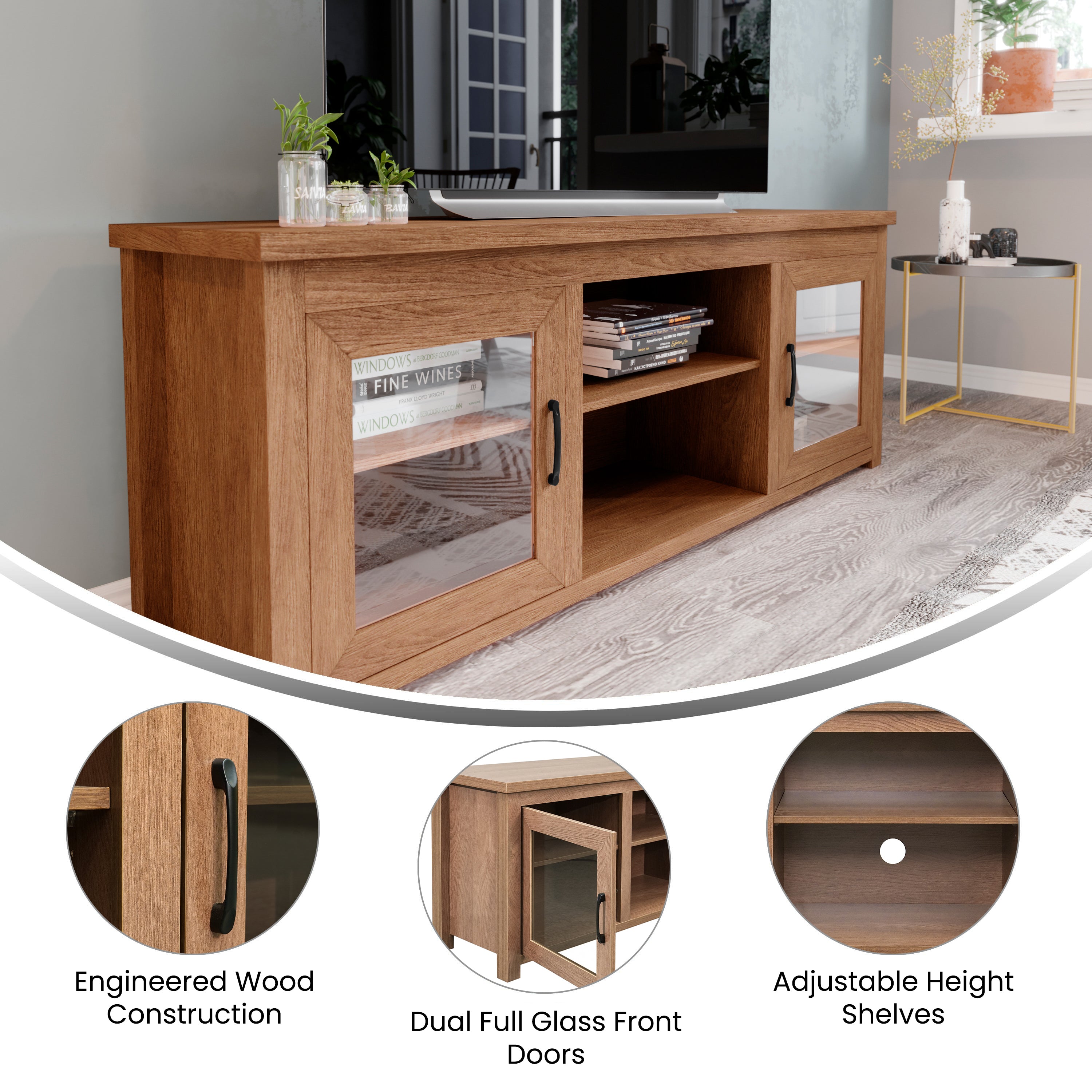 Sheffield Classic TV Stand for up to 80" TVs - Modern Walnut Finish with Full Glass Doors - 65" Engineered Wood Frame - 3 Shelves