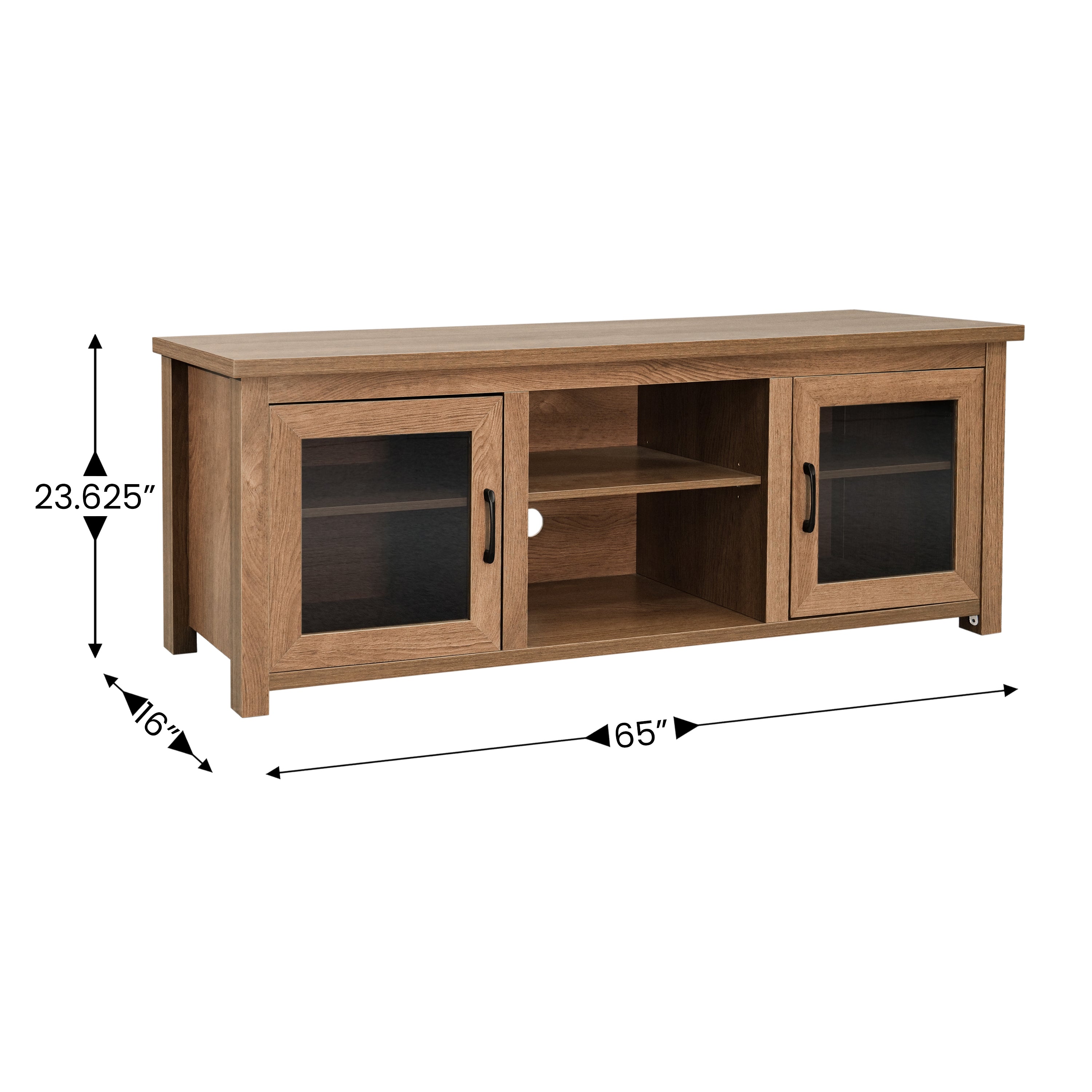 Sheffield Classic TV Stand for up to 80" TVs - Modern Walnut Finish with Full Glass Doors - 65" Engineered Wood Frame - 3 Shelves