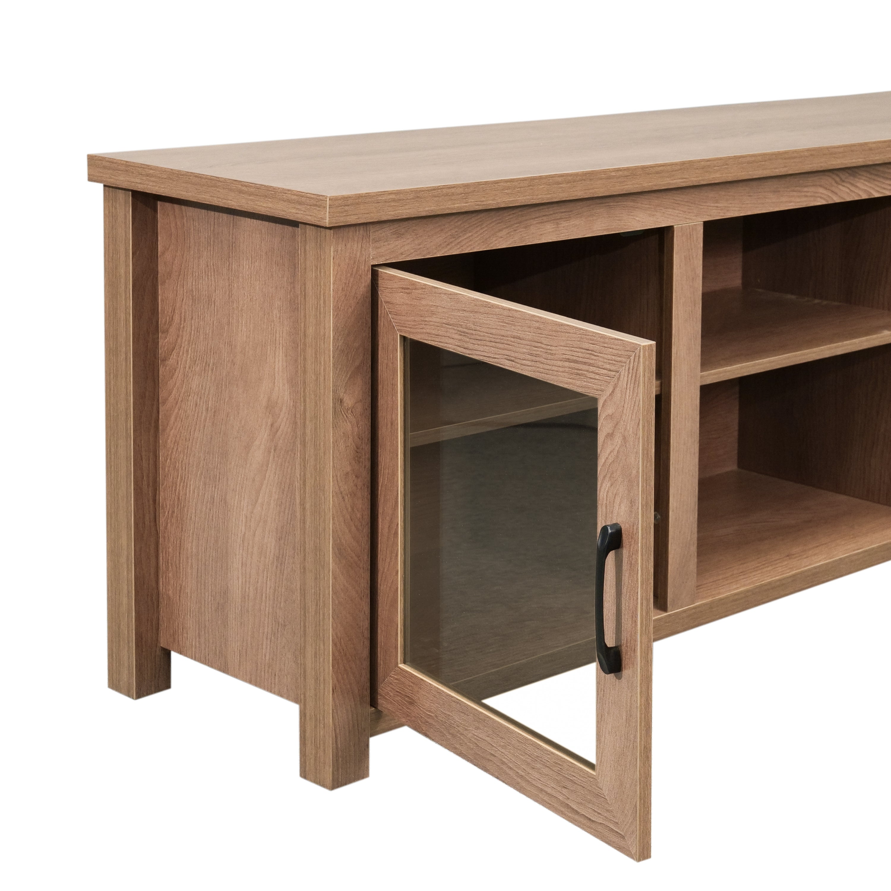 Sheffield Classic TV Stand for up to 80" TVs - Modern Walnut Finish with Full Glass Doors - 65" Engineered Wood Frame - 3 Shelves