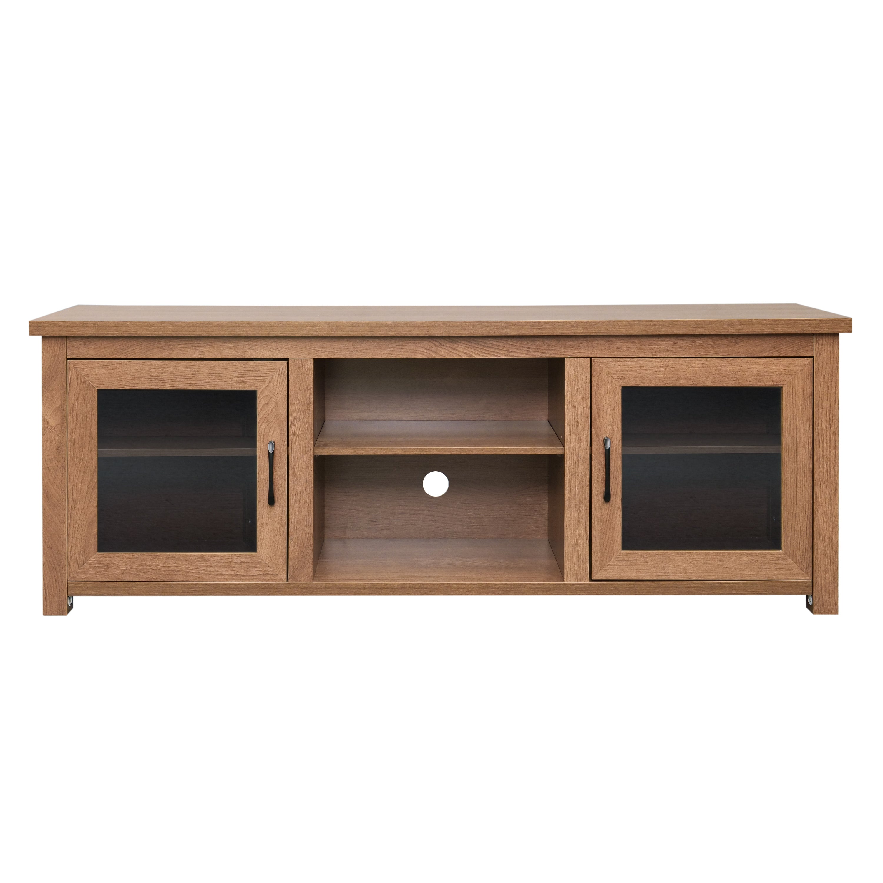 Sheffield Classic TV Stand for up to 80" TVs - Modern Walnut Finish with Full Glass Doors - 65" Engineered Wood Frame - 3 Shelves