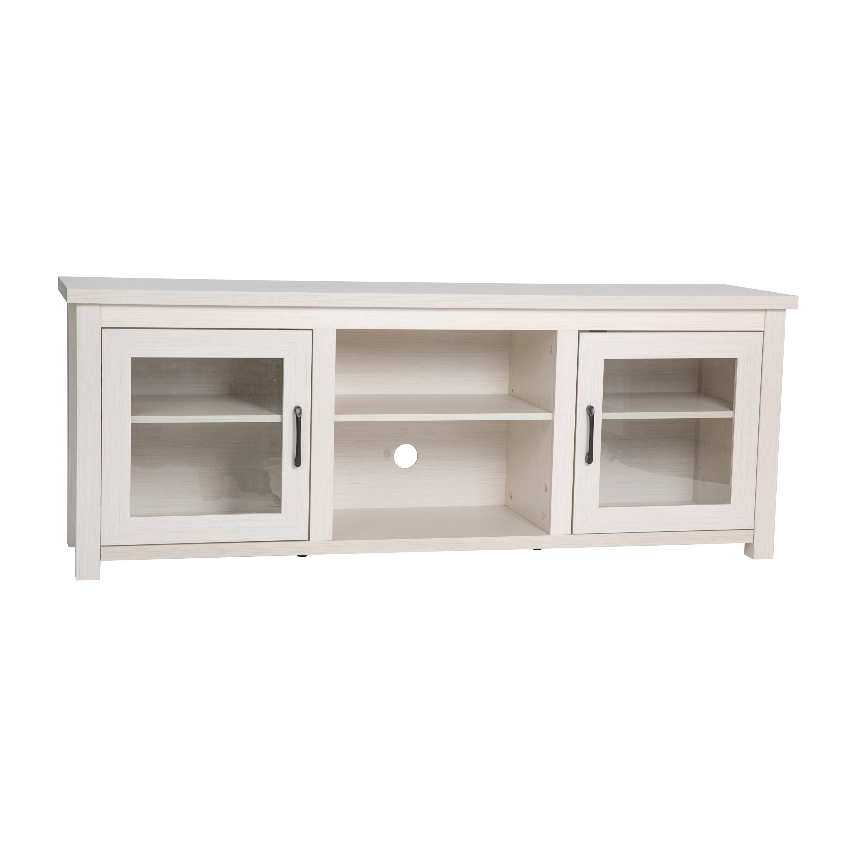 Sheffield Classic TV Stand up to 80" TVs - Modern White Wash Finish with Full Glass Doors - 65" Engineered Wood Frame - 3 Shelves