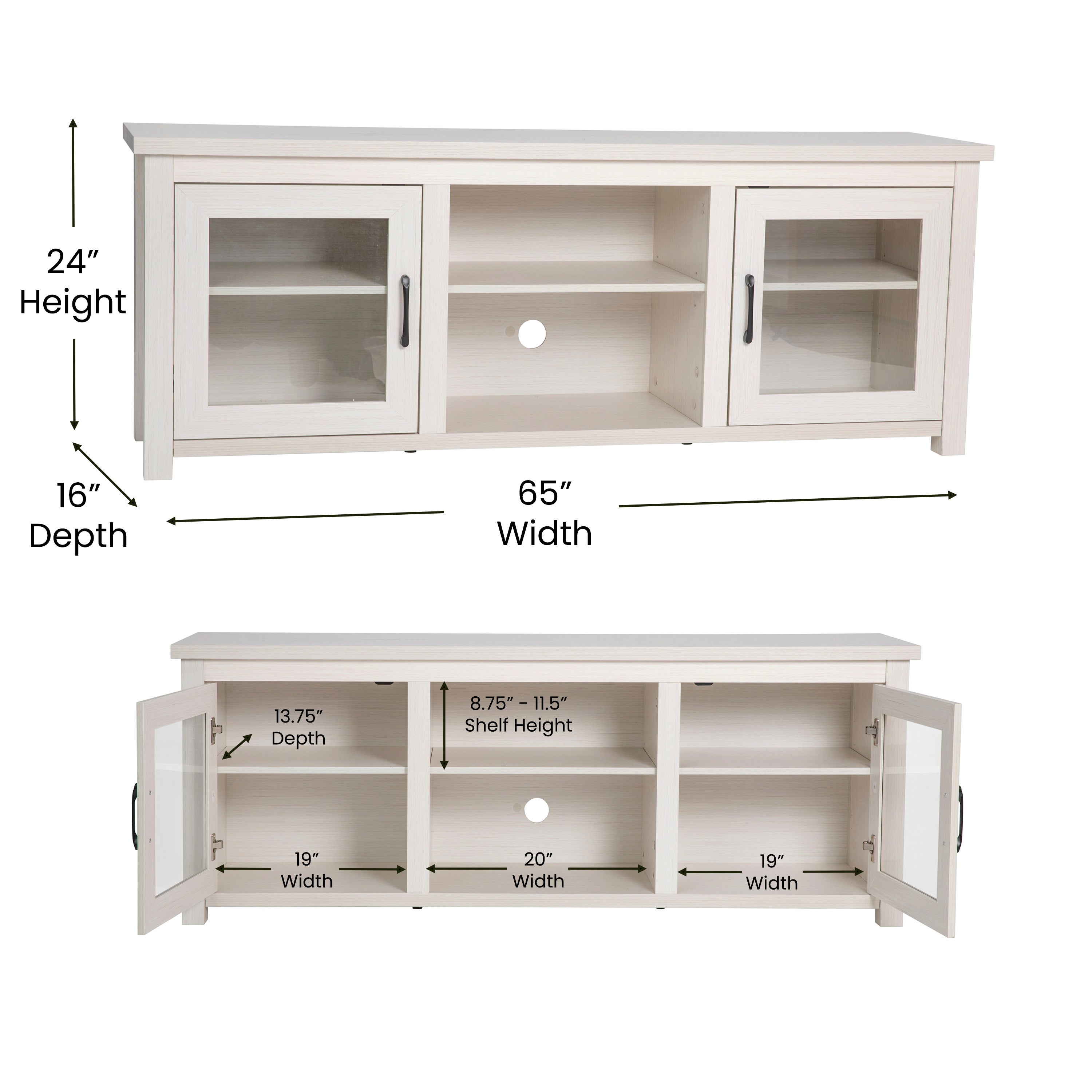 Sheffield Classic TV Stand up to 80" TVs - Modern White Wash Finish with Full Glass Doors - 65" Engineered Wood Frame - 3 Shelves