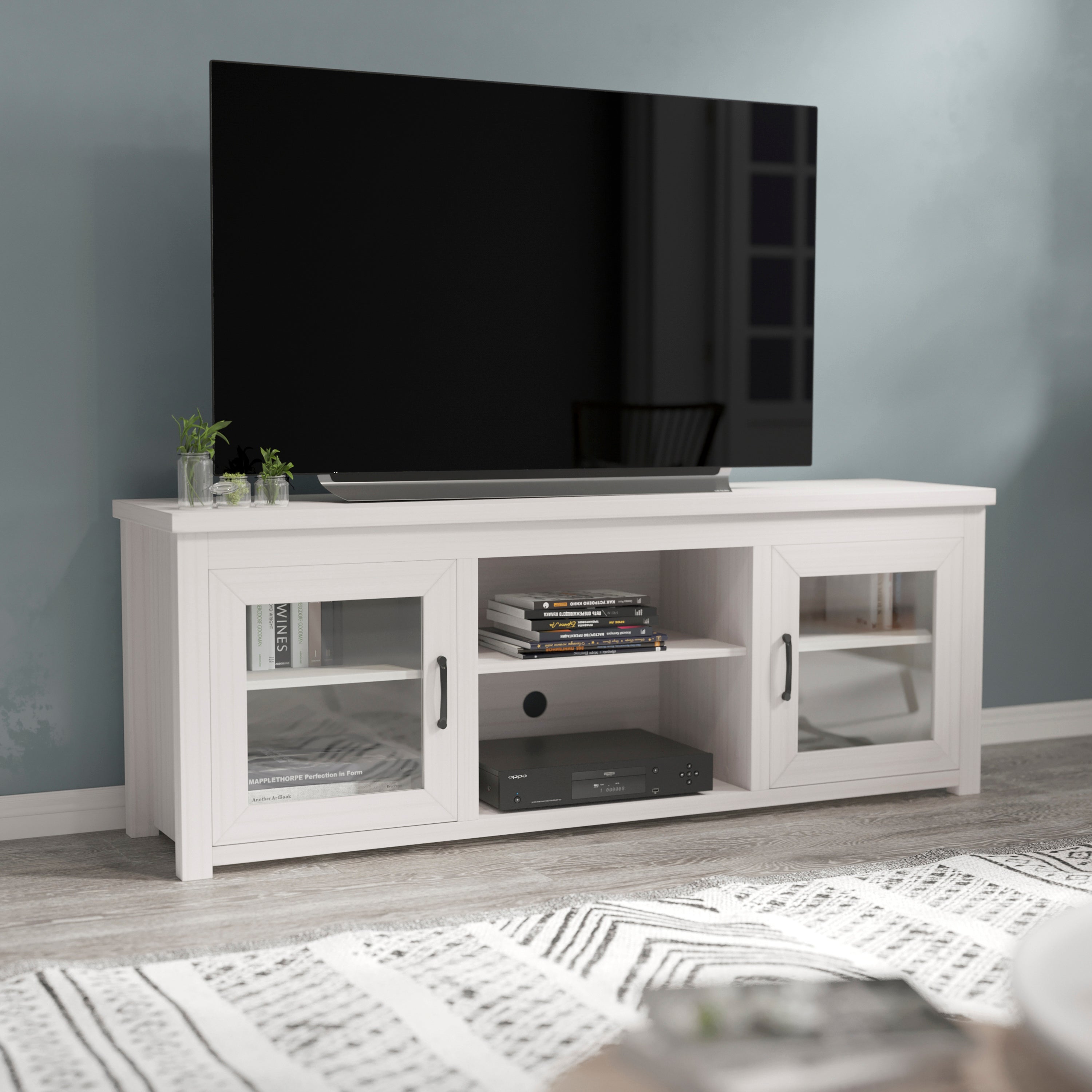 Sheffield Classic TV Stand up to 80" TVs - Modern White Wash Finish with Full Glass Doors - 65" Engineered Wood Frame - 3 Shelves