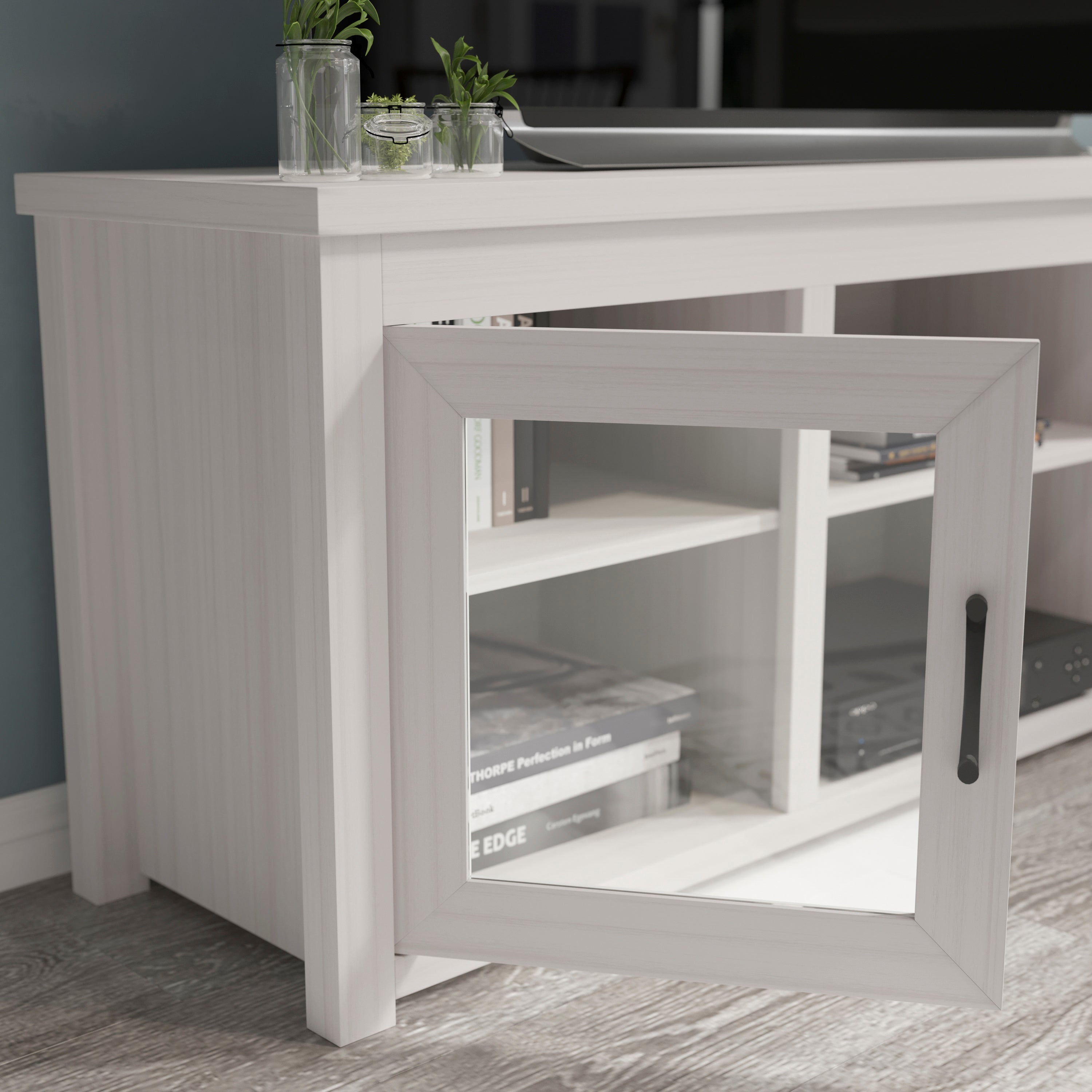 Sheffield Classic TV Stand up to 80" TVs - Modern White Wash Finish with Full Glass Doors - 65" Engineered Wood Frame - 3 Shelves