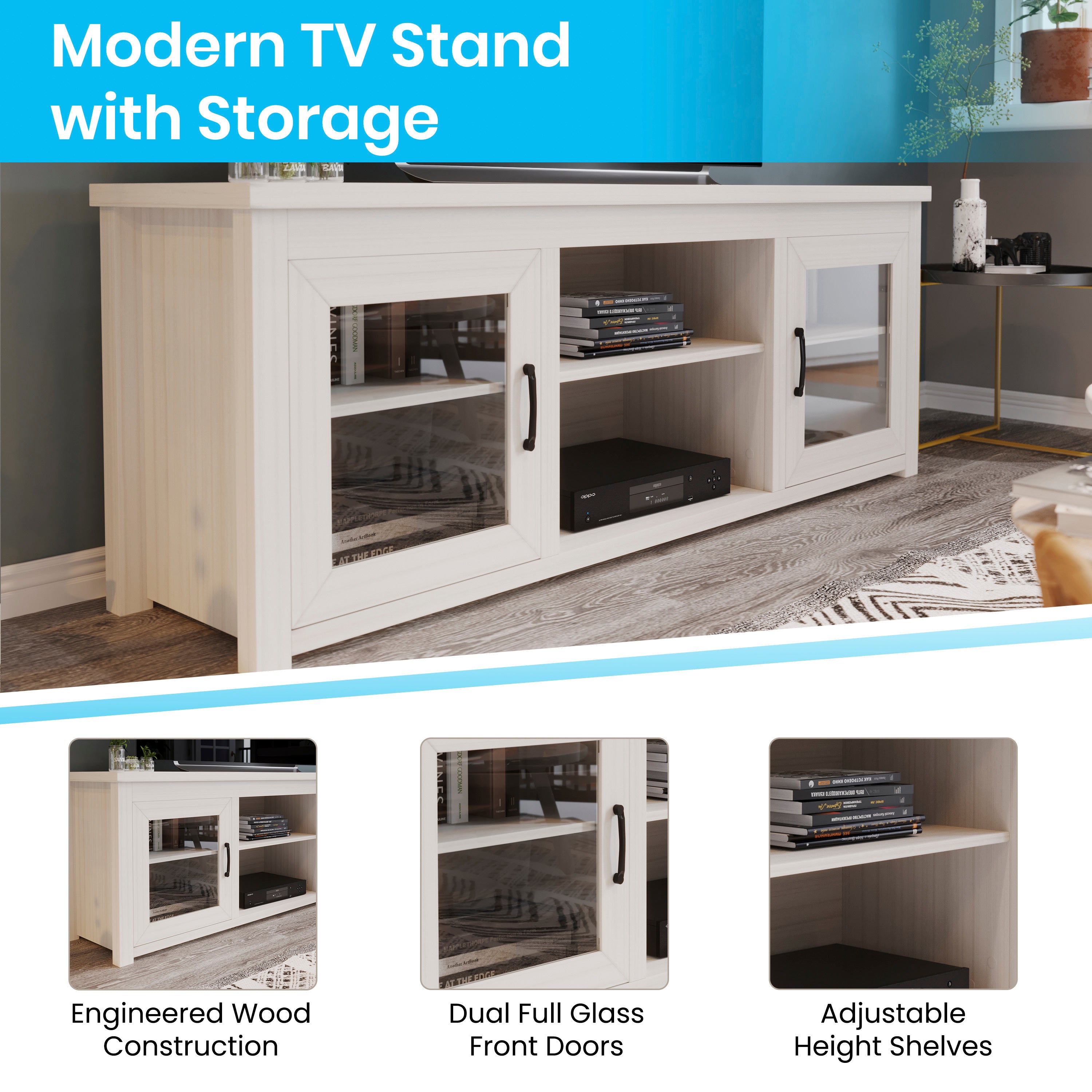 Sheffield Classic TV Stand up to 80" TVs - Modern White Wash Finish with Full Glass Doors - 65" Engineered Wood Frame - 3 Shelves