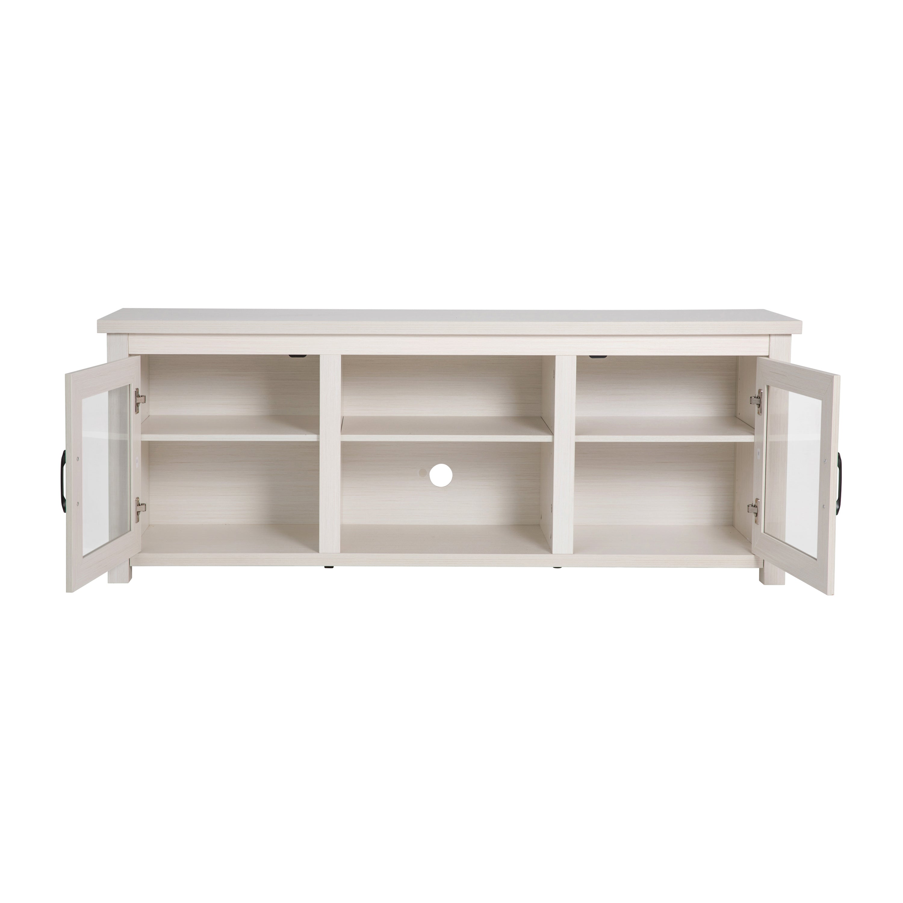 Sheffield Classic TV Stand up to 80" TVs - Modern White Wash Finish with Full Glass Doors - 65" Engineered Wood Frame - 3 Shelves