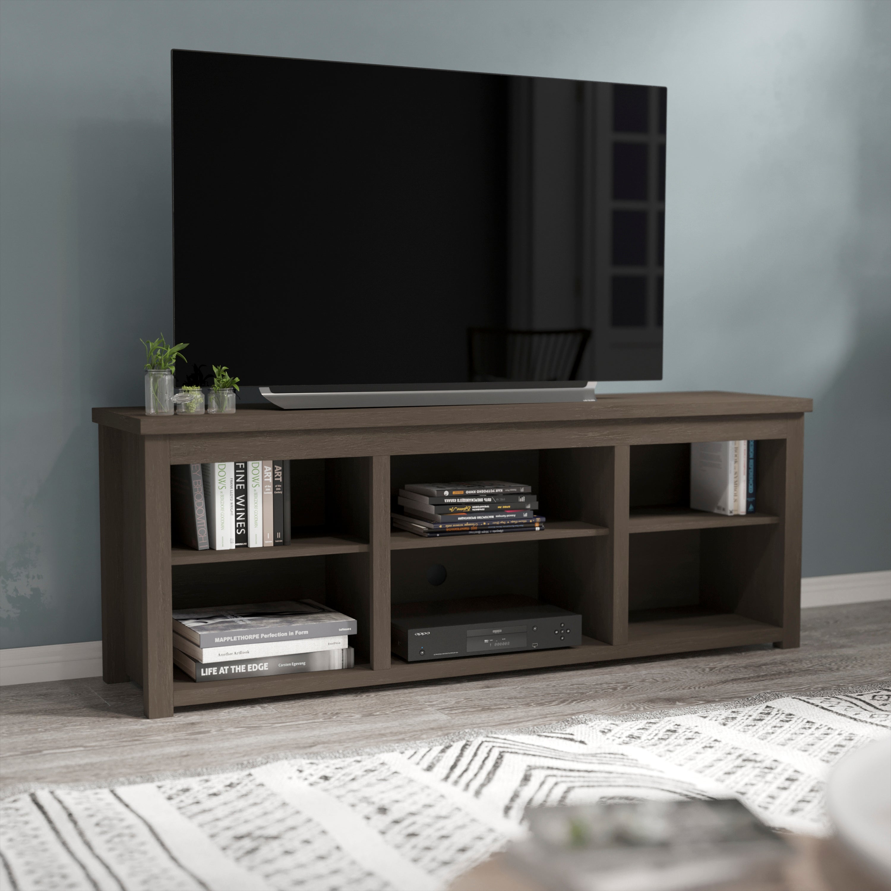 Kilead Farmhouse TV Stand for up to 80" TVs - 65" Engineered Wood Framed Media Console with Open Storage in Modern Espresso Finish