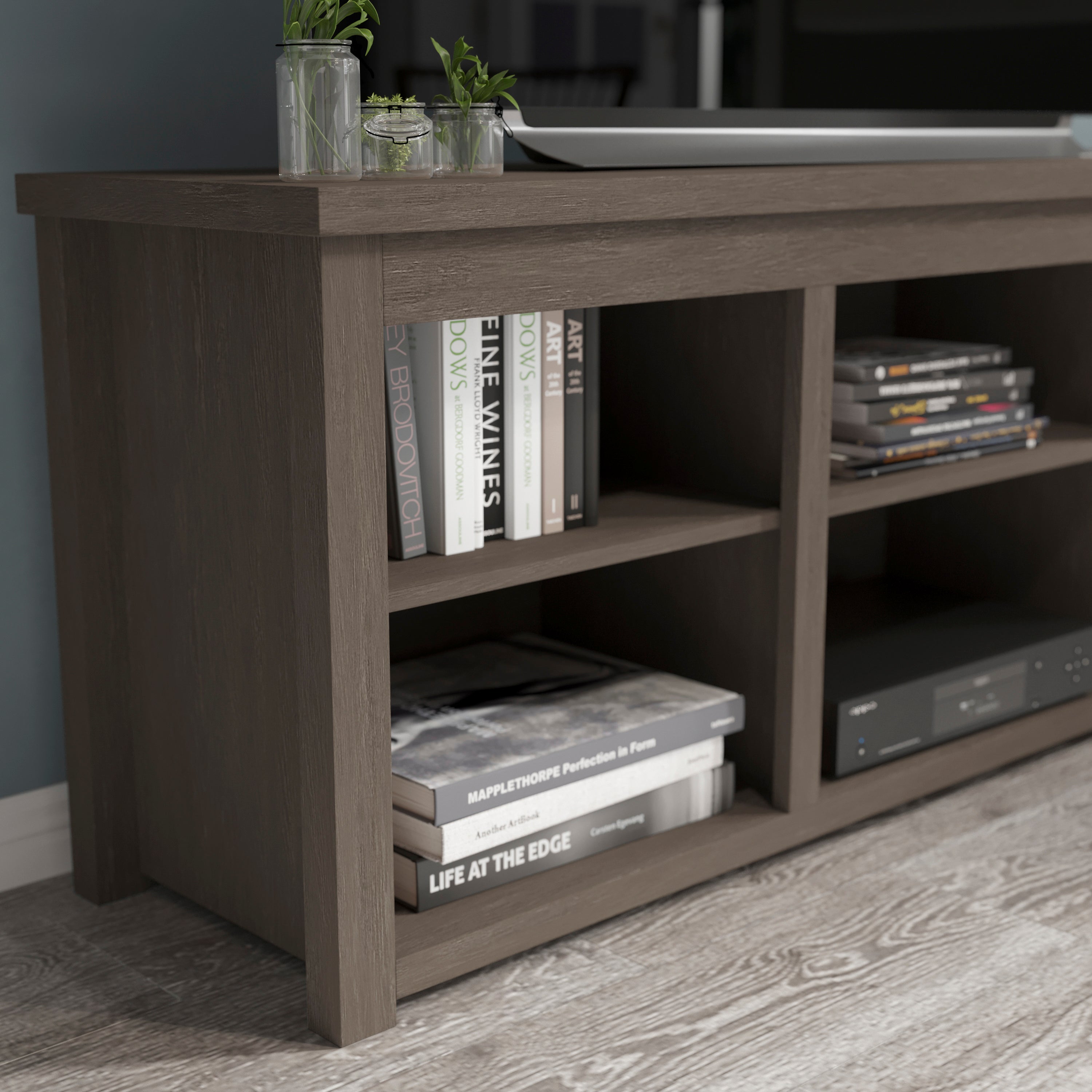 Kilead Farmhouse TV Stand for up to 80" TVs - 65" Engineered Wood Framed Media Console with Open Storage in Modern Espresso Finish