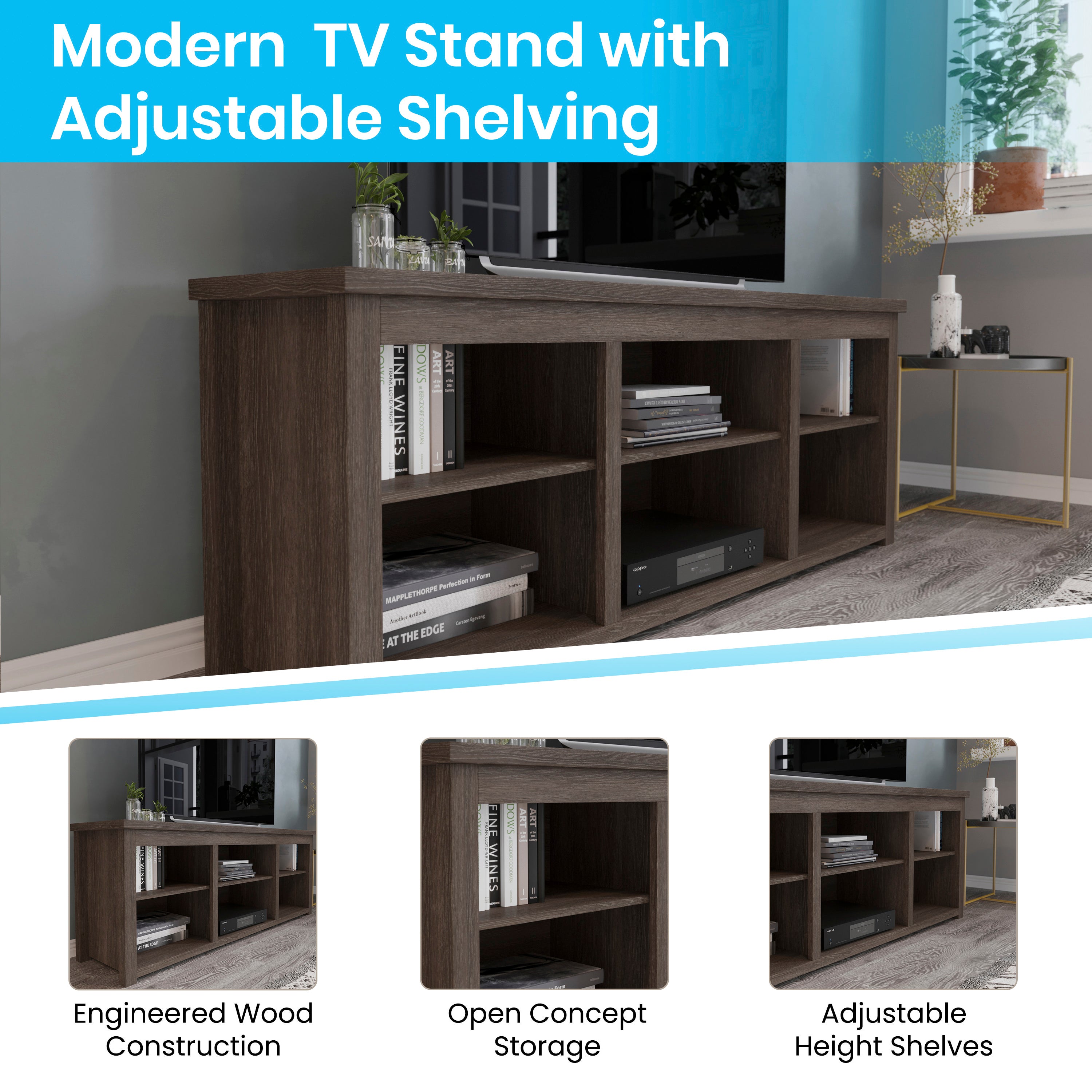 Kilead Farmhouse TV Stand for up to 80" TVs - 65" Engineered Wood Framed Media Console with Open Storage in Modern Espresso Finish