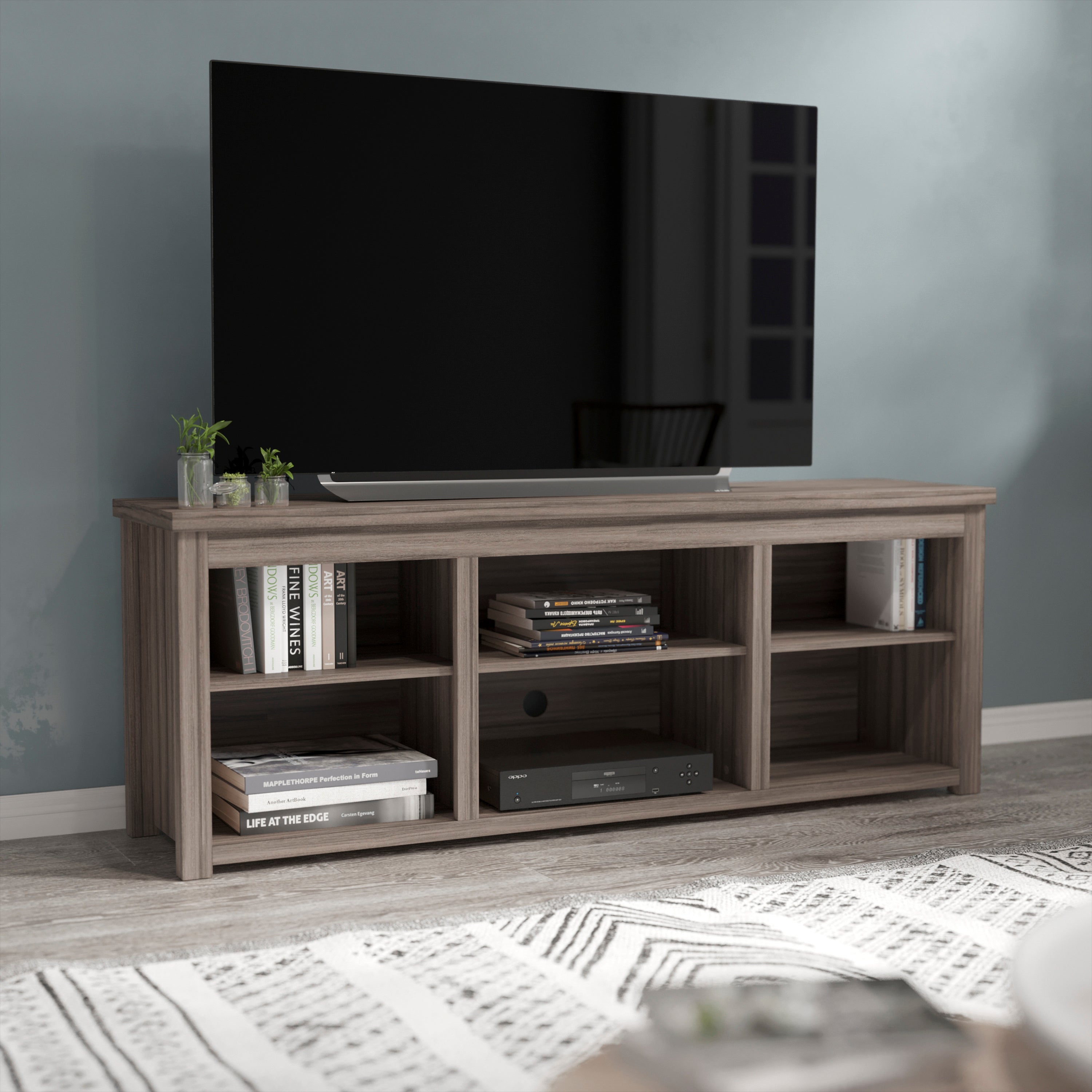 Kilead Farmhouse TV Stand up to 80" TVs - 65" Engineered Wood Framed Media Console with Open Storage in Gray Wash Oak Finish