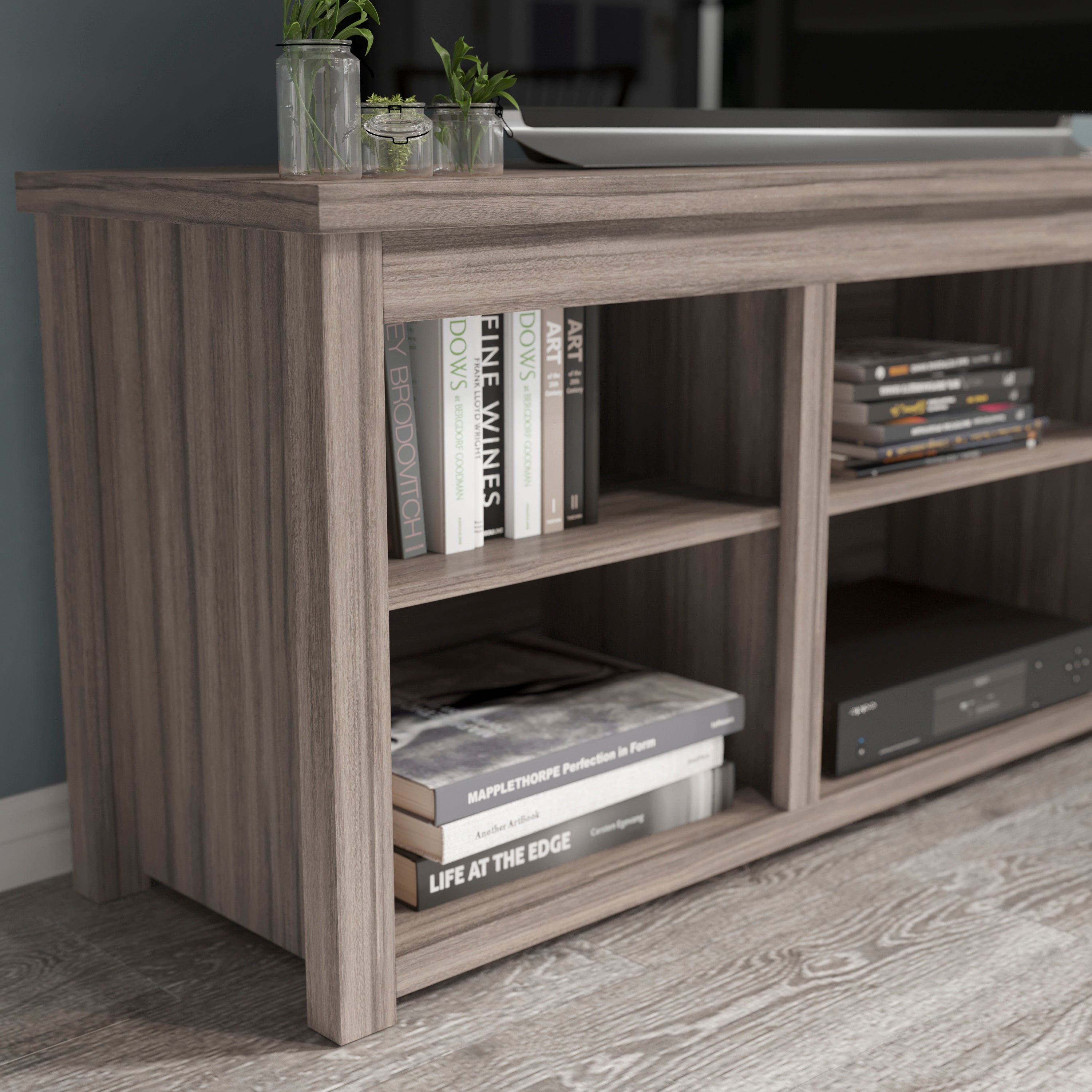 Kilead Farmhouse TV Stand up to 80" TVs - 65" Engineered Wood Framed Media Console with Open Storage in Gray Wash Oak Finish