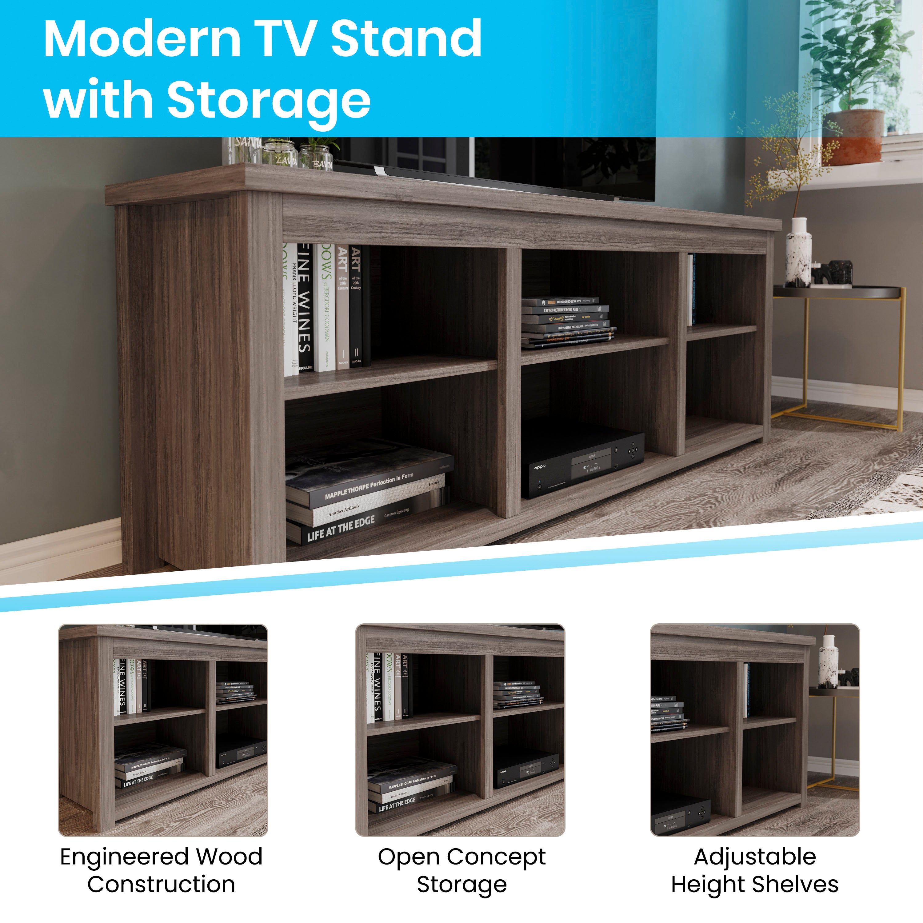 Kilead Farmhouse TV Stand up to 80" TVs - 65" Engineered Wood Framed Media Console with Open Storage in Gray Wash Oak Finish