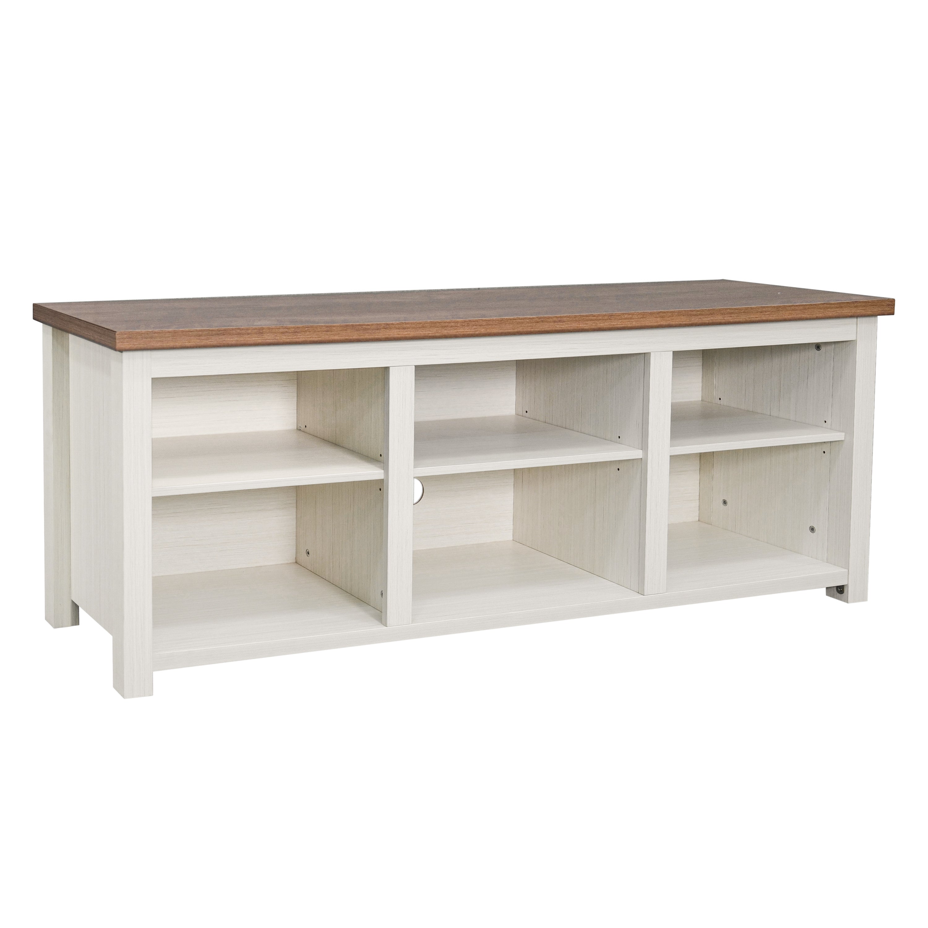 Kilead Farmhouse TV Stand for up to 80" TVs - 65" Engineered Wood Framed Media Console with Open Storage in Modern White Finish with Walnut Top
