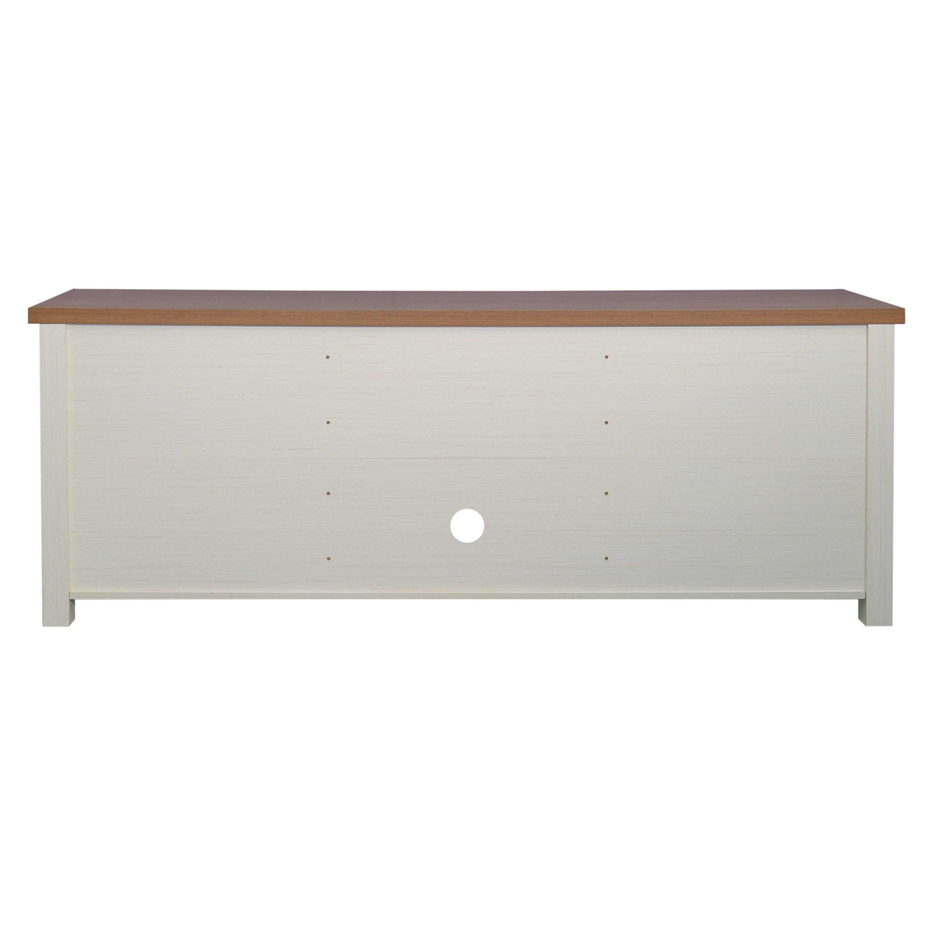 Kilead Farmhouse TV Stand for up to 80" TVs - 65" Engineered Wood Framed Media Console with Open Storage in Modern White Finish with Walnut Top