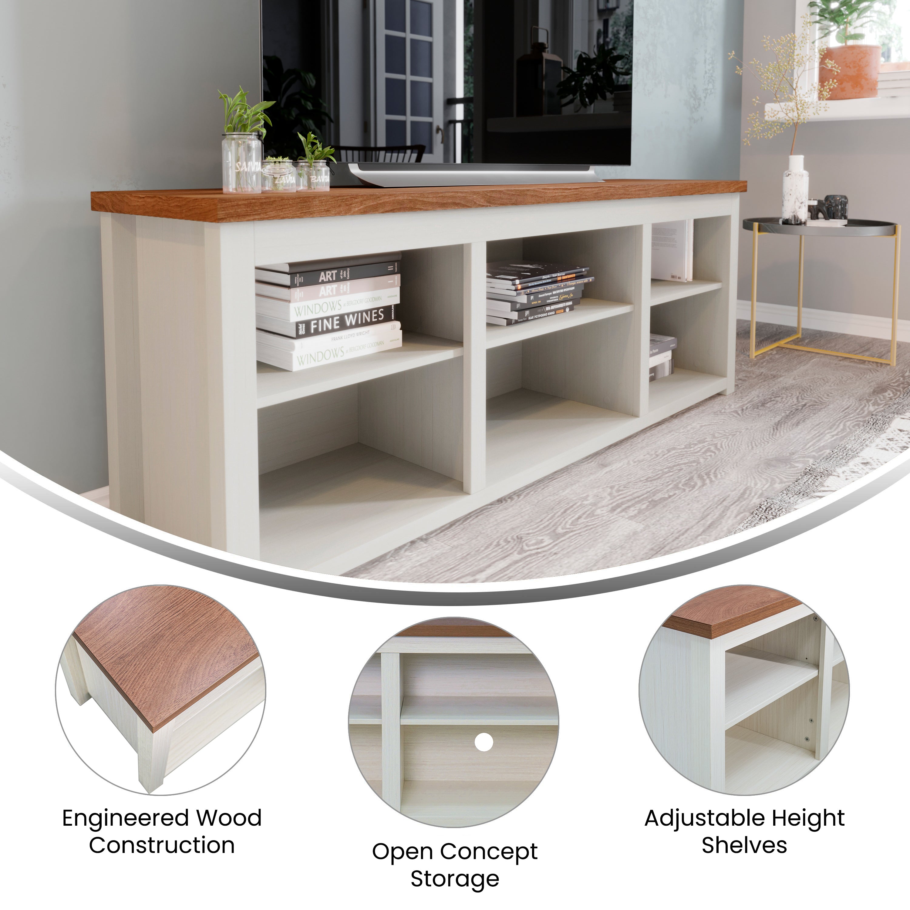 Kilead Farmhouse TV Stand for up to 80" TVs - 65" Engineered Wood Framed Media Console with Open Storage in Modern White Finish with Walnut Top