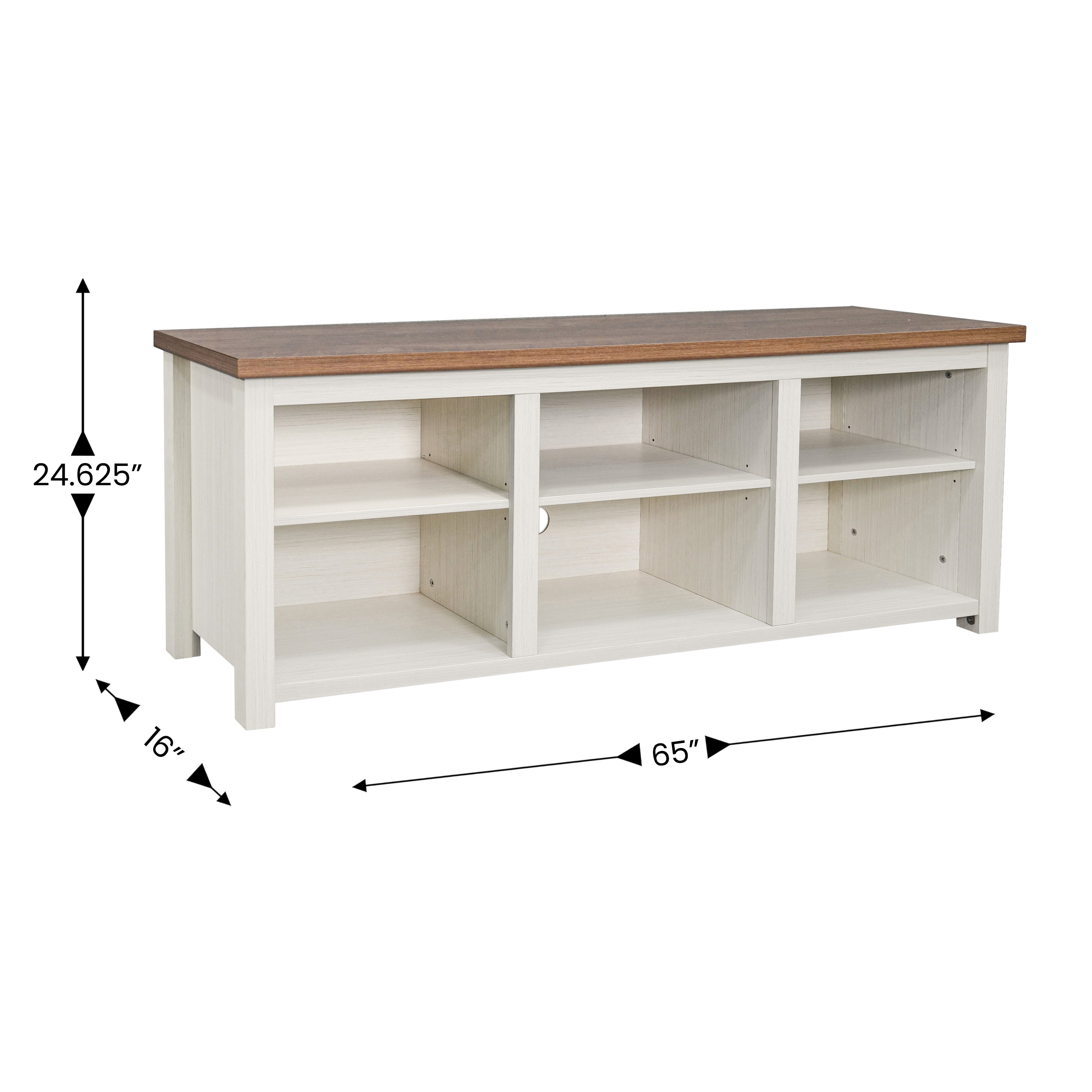Kilead Farmhouse TV Stand for up to 80" TVs - 65" Engineered Wood Framed Media Console with Open Storage in Modern White Finish with Walnut Top