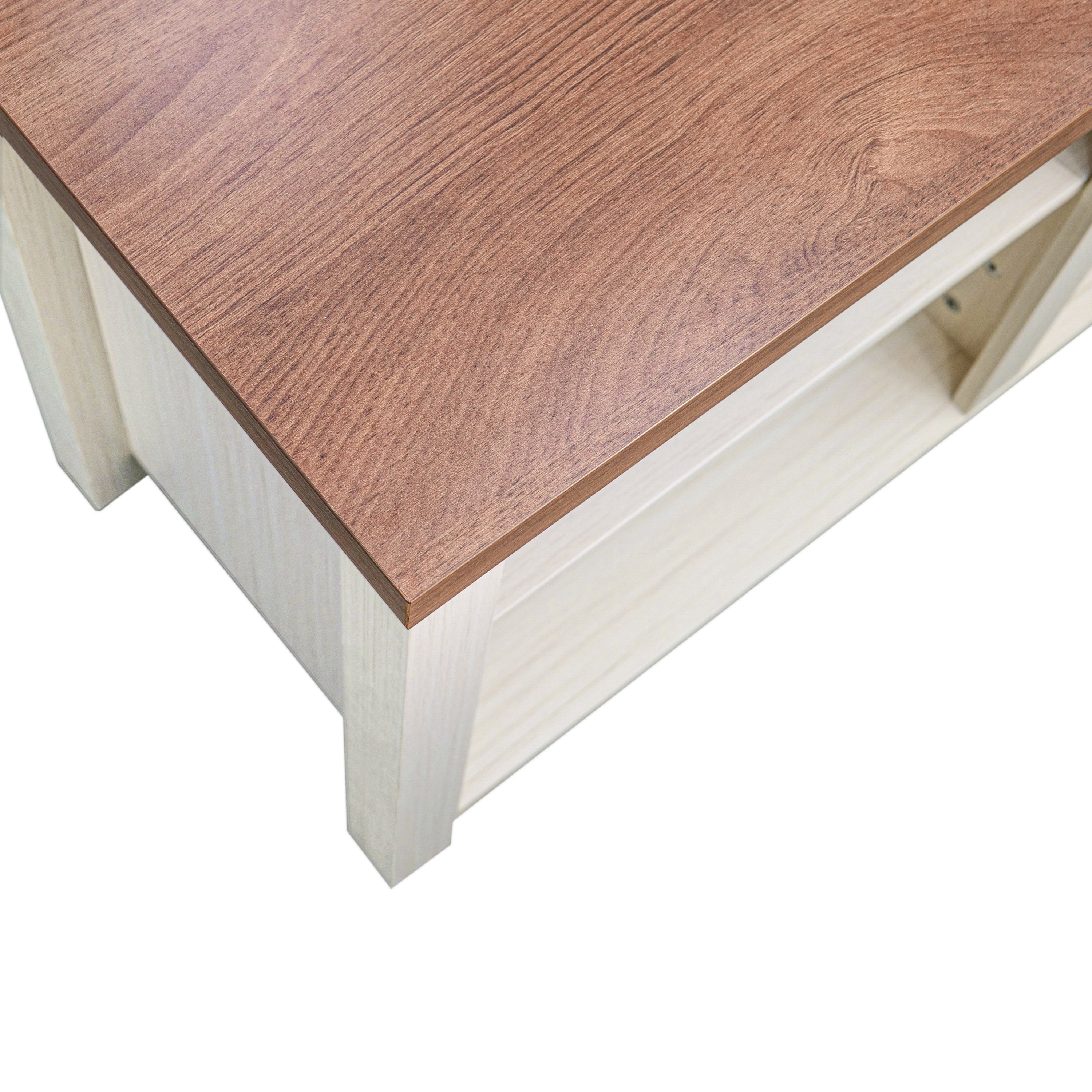 Kilead Farmhouse TV Stand for up to 80" TVs - 65" Engineered Wood Framed Media Console with Open Storage in Modern White Finish with Walnut Top