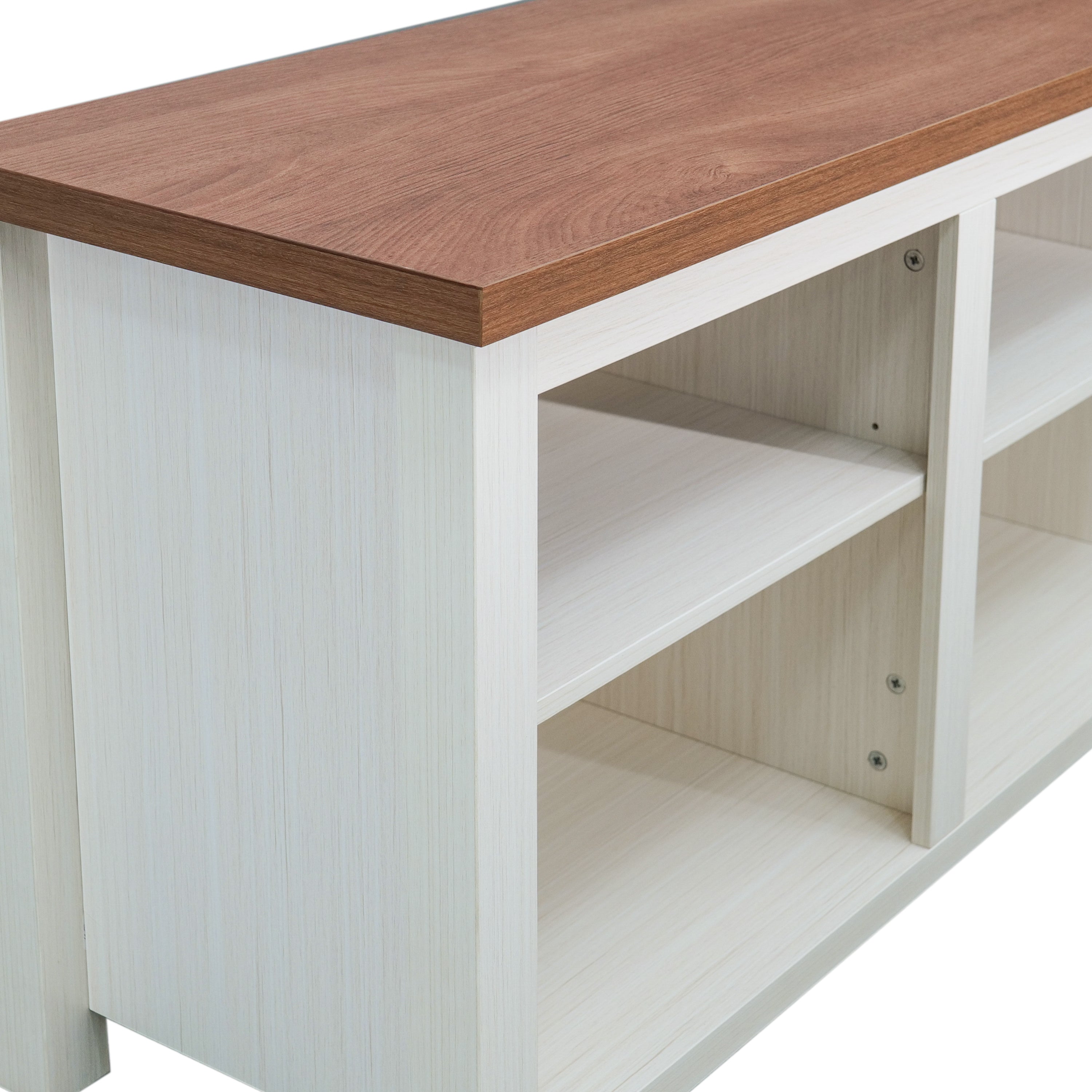 Kilead Farmhouse TV Stand for up to 80" TVs - 65" Engineered Wood Framed Media Console with Open Storage in Modern White Finish with Walnut Top