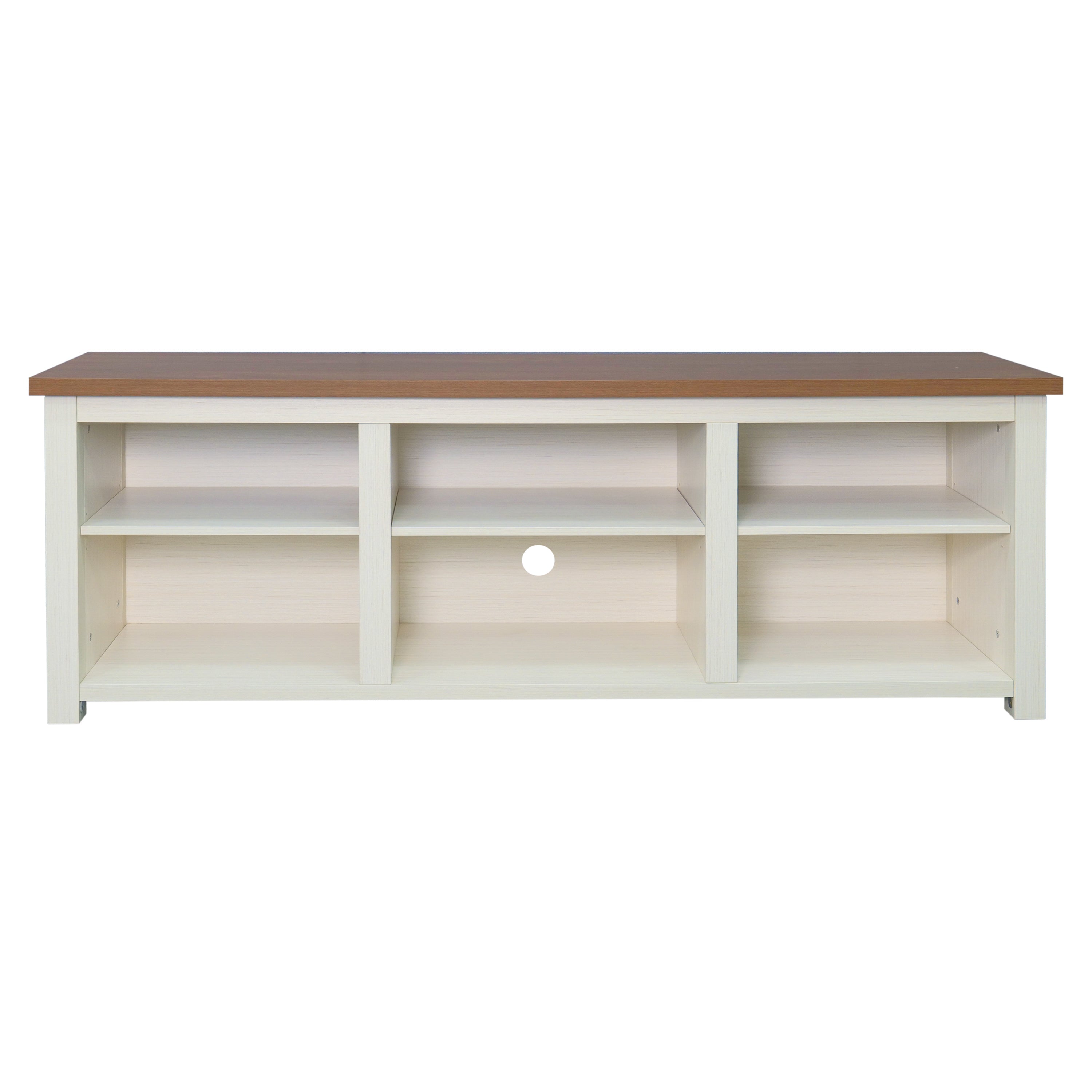 Kilead Farmhouse TV Stand for up to 80" TVs - 65" Engineered Wood Framed Media Console with Open Storage in Modern White Finish with Walnut Top