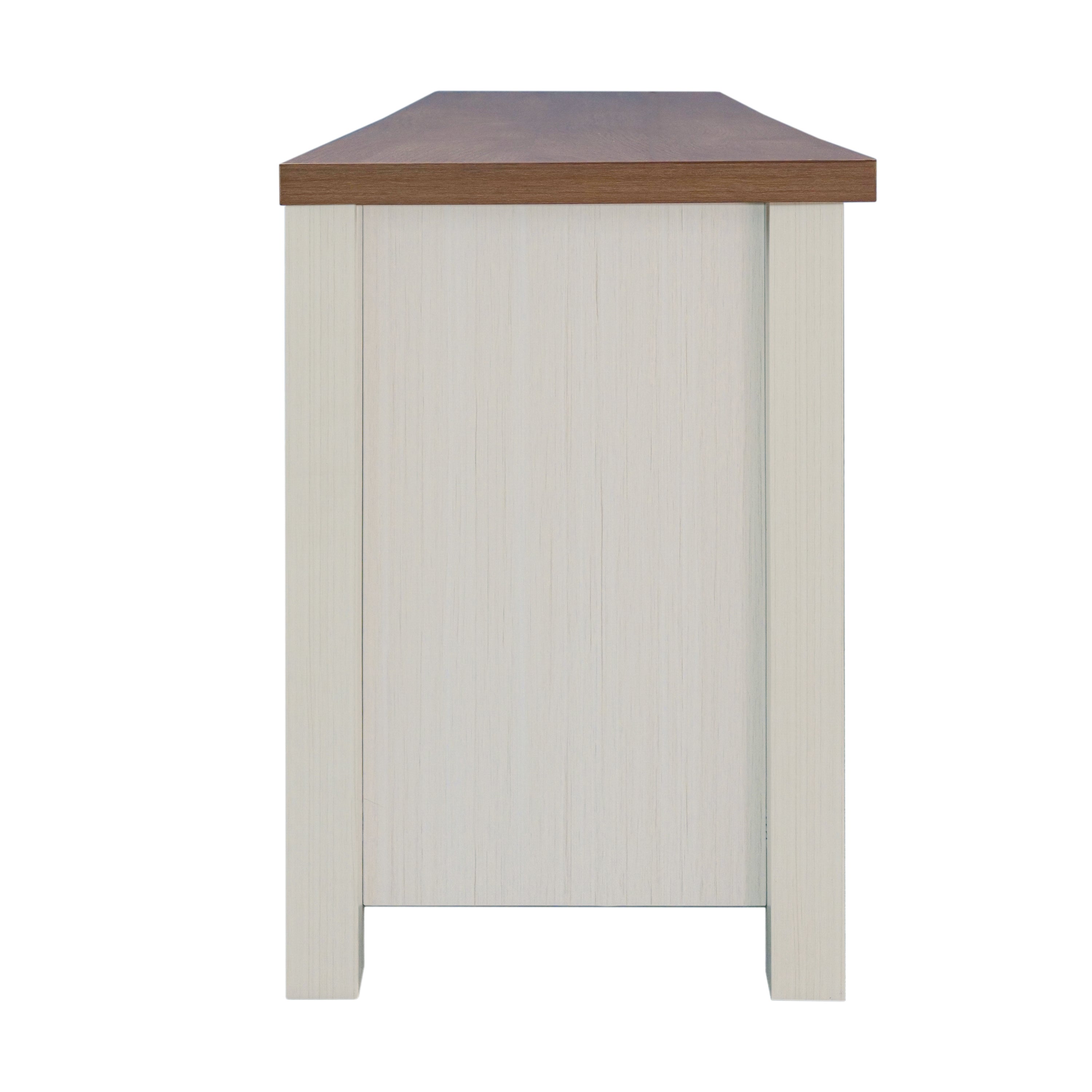 Kilead Farmhouse TV Stand for up to 80" TVs - 65" Engineered Wood Framed Media Console with Open Storage in Modern White Finish with Walnut Top