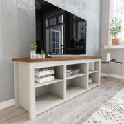 Kilead Farmhouse TV Stand for up to 80" TVs - 65" Engineered Wood Framed Media Console with Open Storage in Modern White Finish with Walnut Top