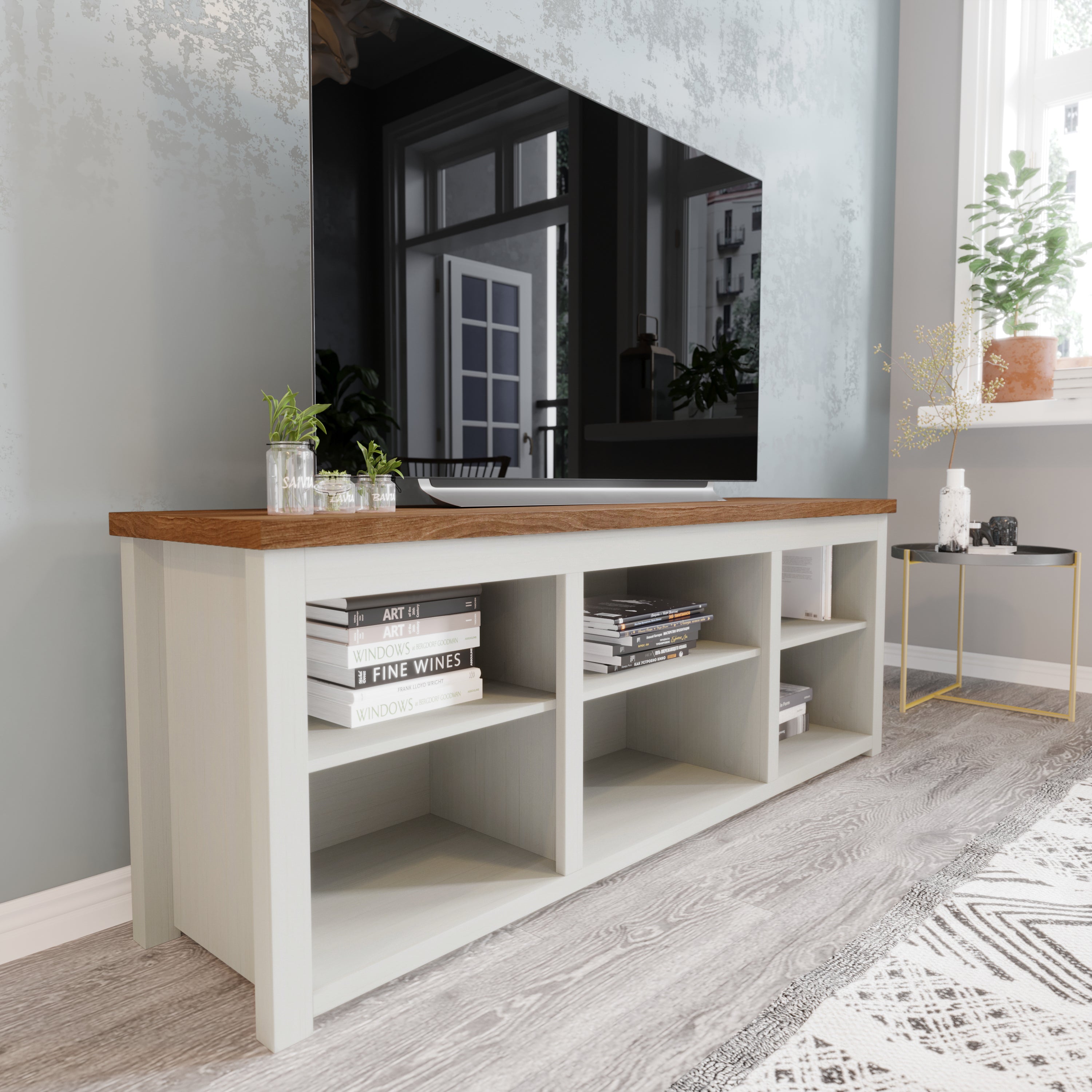 Kilead Farmhouse TV Stand for up to 80" TVs - 65" Engineered Wood Framed Media Console with Open Storage in Modern White Finish with Walnut Top