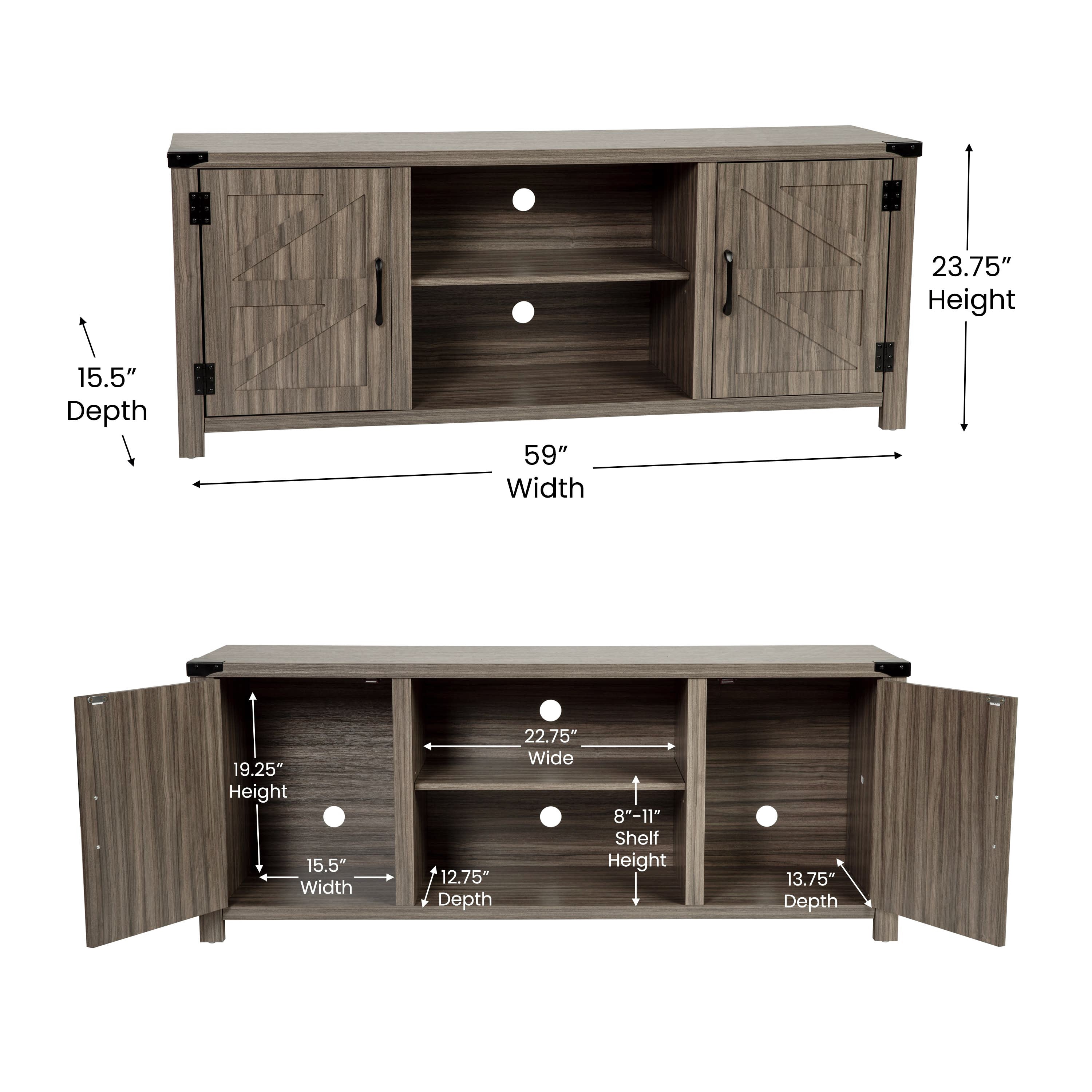 Charlotte Modern Farmhouse Barn Door TV Stand-Gray Wash Oak for TV's up to 65 Inches-59" Entertainment Center with Adjustable Shelf