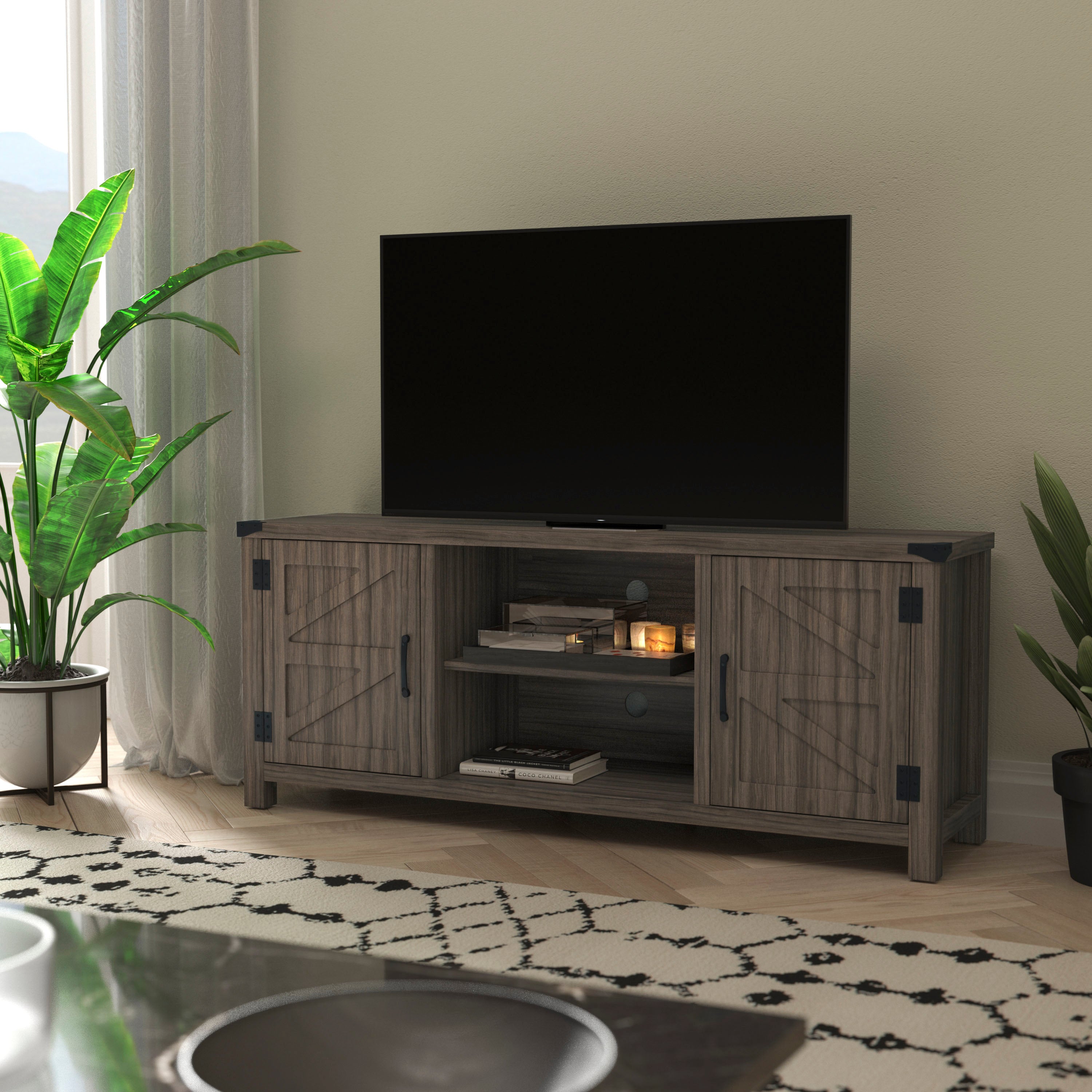 Charlotte Modern Farmhouse Barn Door TV Stand-Gray Wash Oak for TV's up to 65 Inches-59" Entertainment Center with Adjustable Shelf