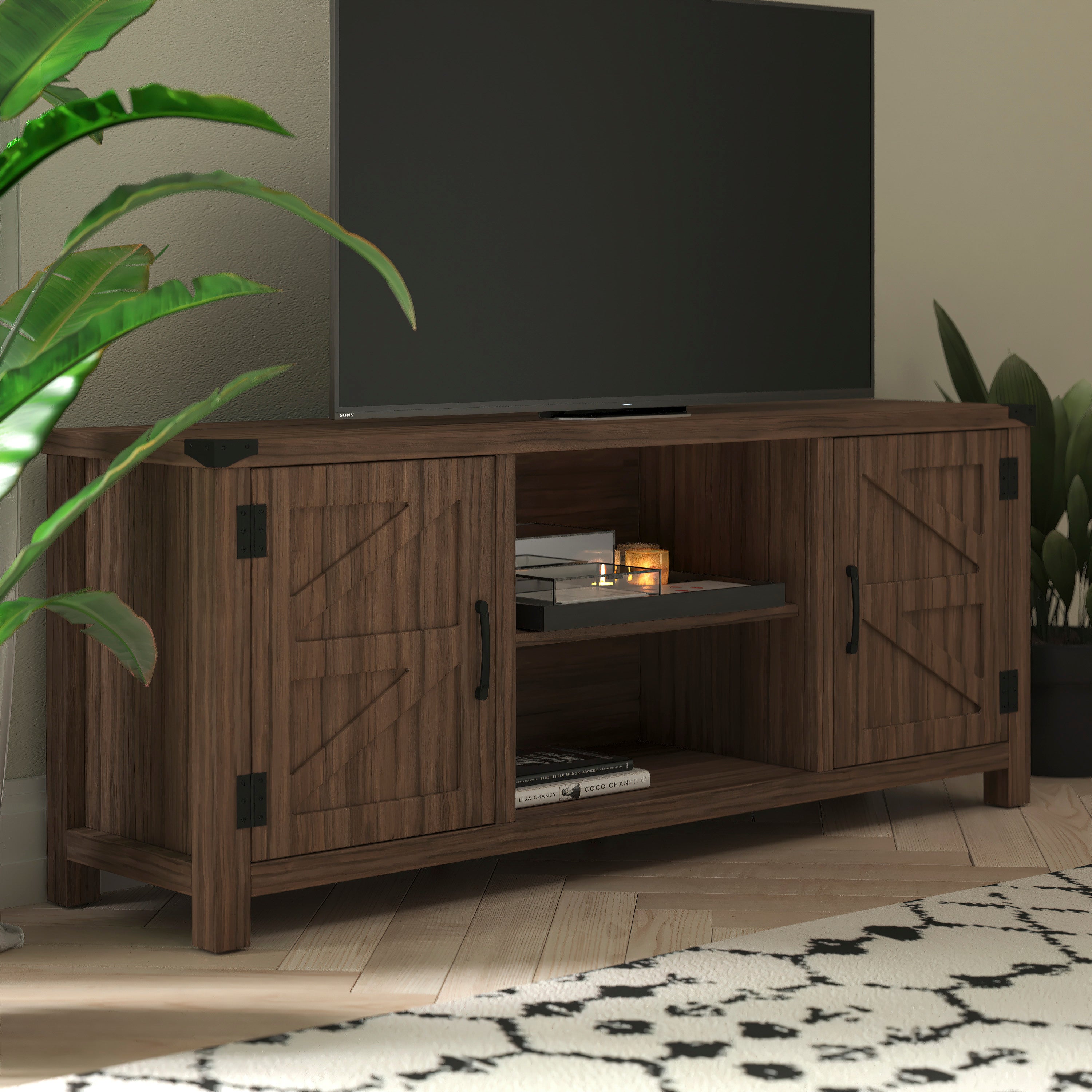Charlotte Modern Farmhouse Barn Door TV Stand-Gray Wash Oak for TV's up to 65 Inches-59" Entertainment Center with Adjustable Shelf