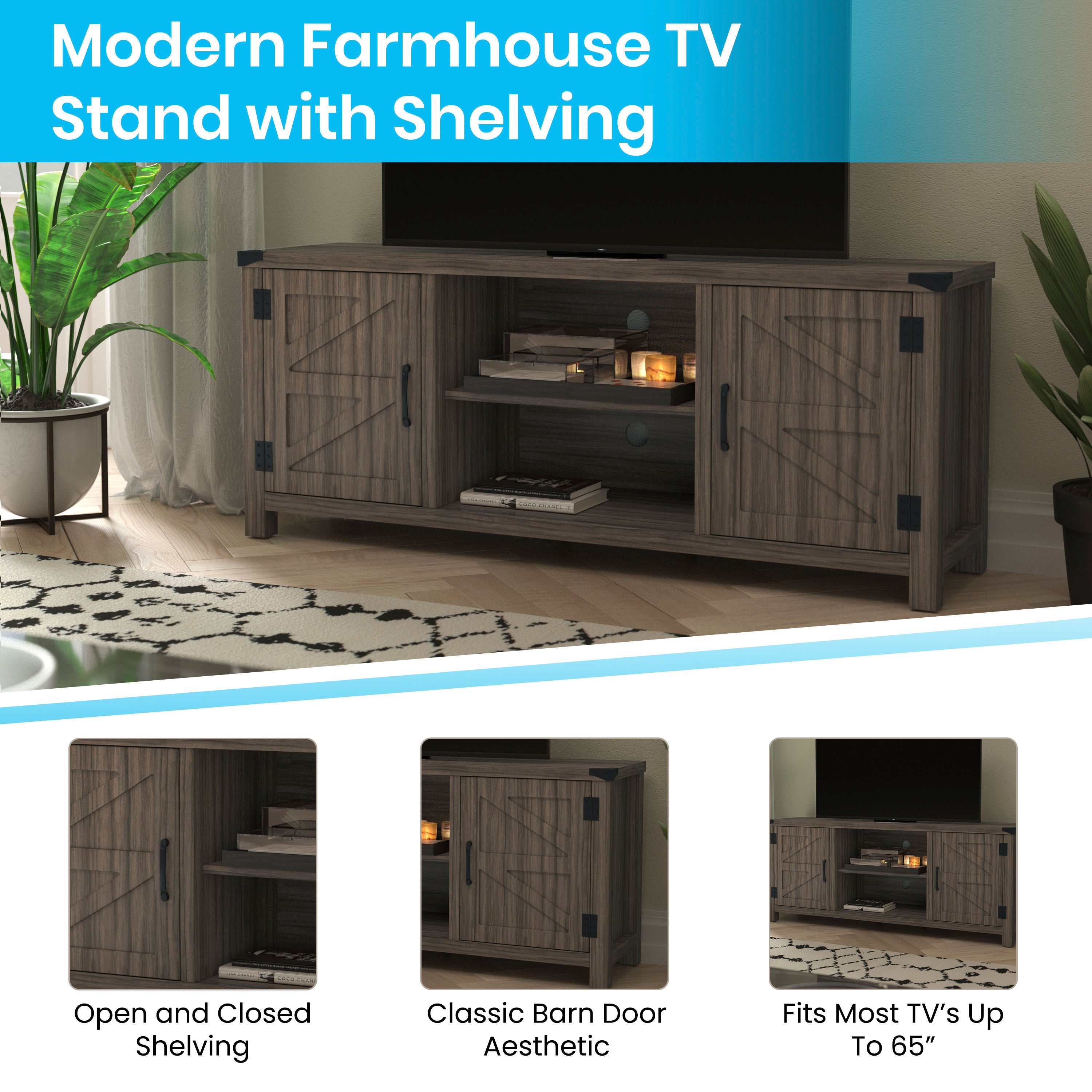 Charlotte Modern Farmhouse Barn Door TV Stand-Gray Wash Oak for TV's up to 65 Inches-59" Entertainment Center with Adjustable Shelf