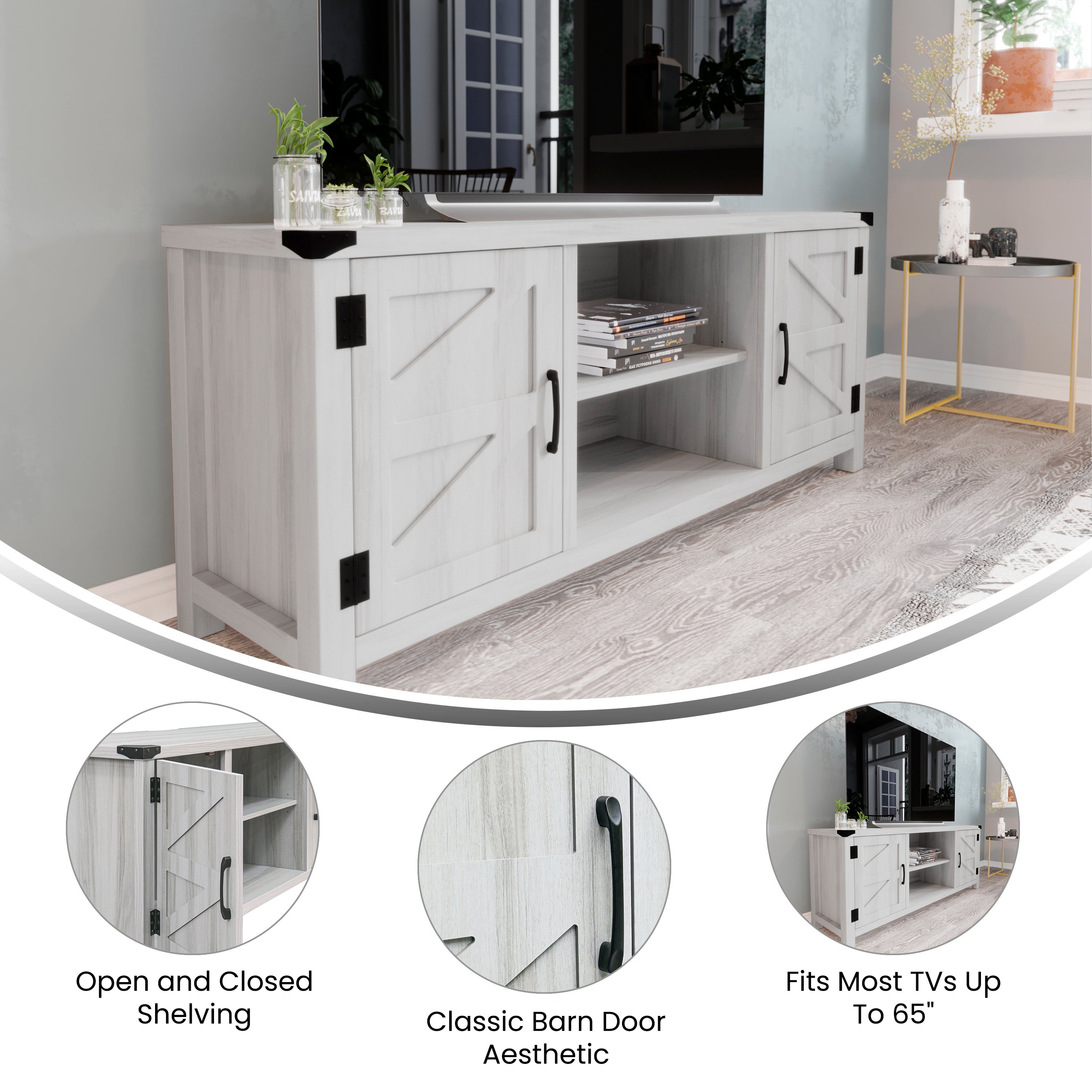 Charlotte Modern Farmhouse Barn Door TV Stand in Light Gray for TV's up to 65 Inches - 58 Inch Industrial Entertainment Center with Adjustable Shelf