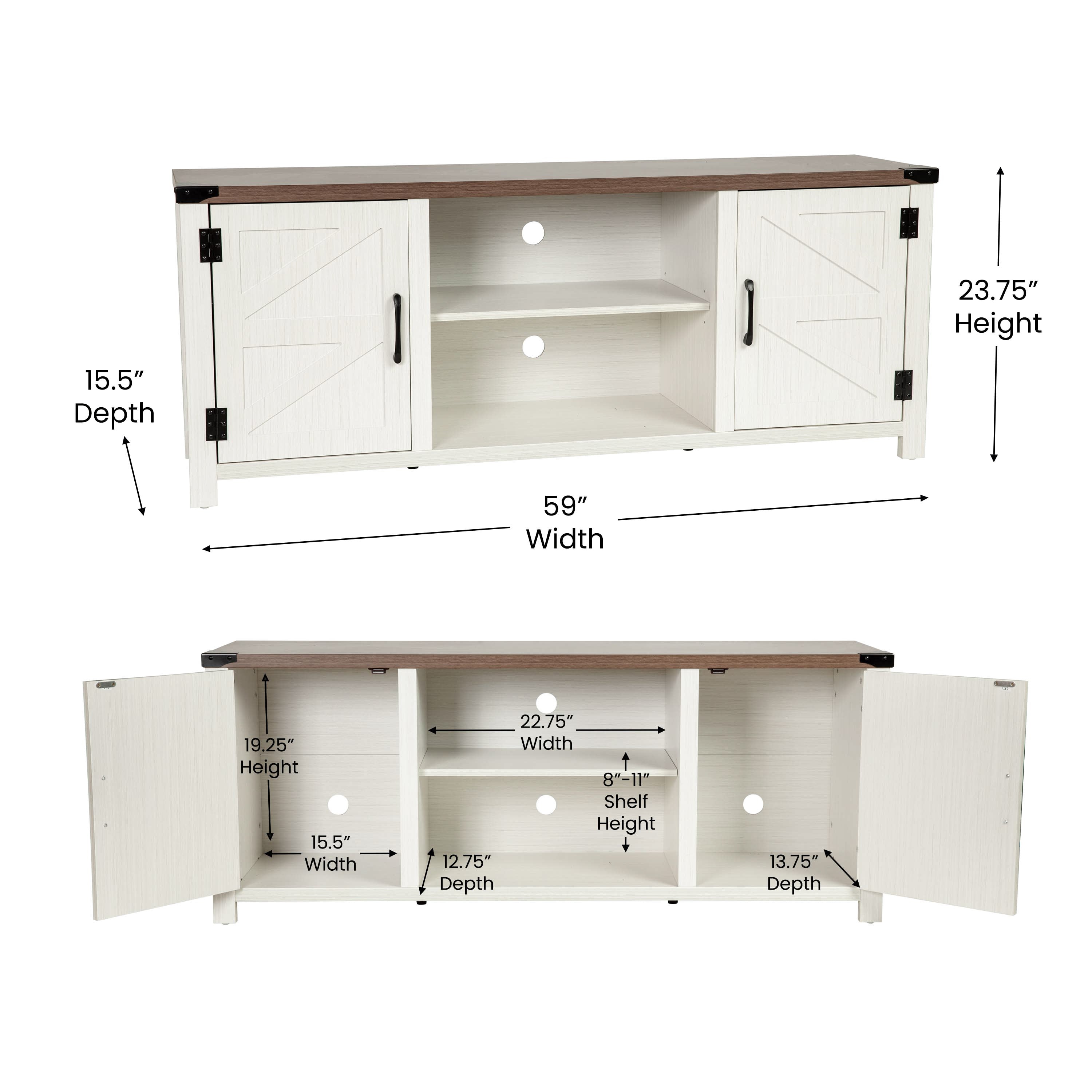 Charlotte Modern Farmhouse Barn Door TV Stand in White for TV's up to 65 Inches - 59 Inch Entertainment Center with Adjustable Shelf